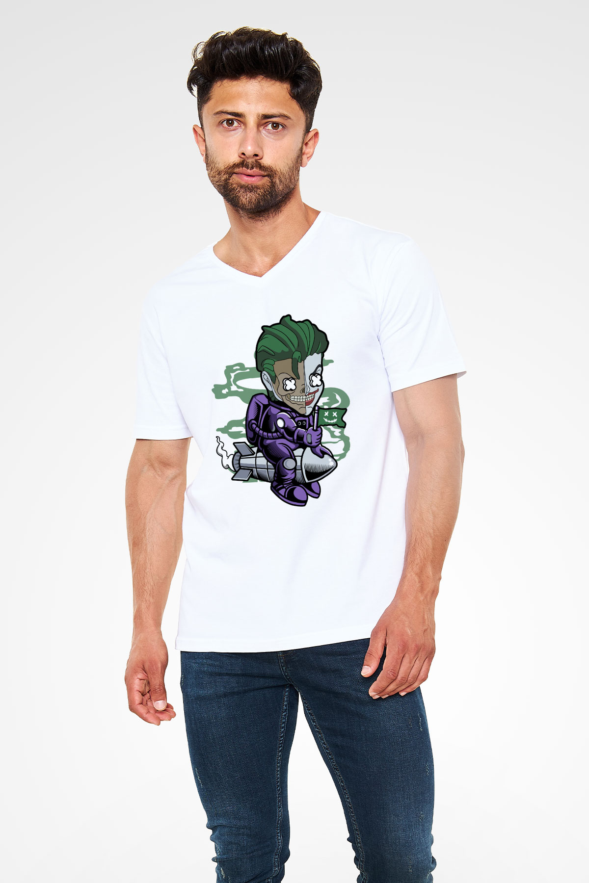 Poker Roket Rider Baskılı Unisex Beyaz V Yaka Tişört