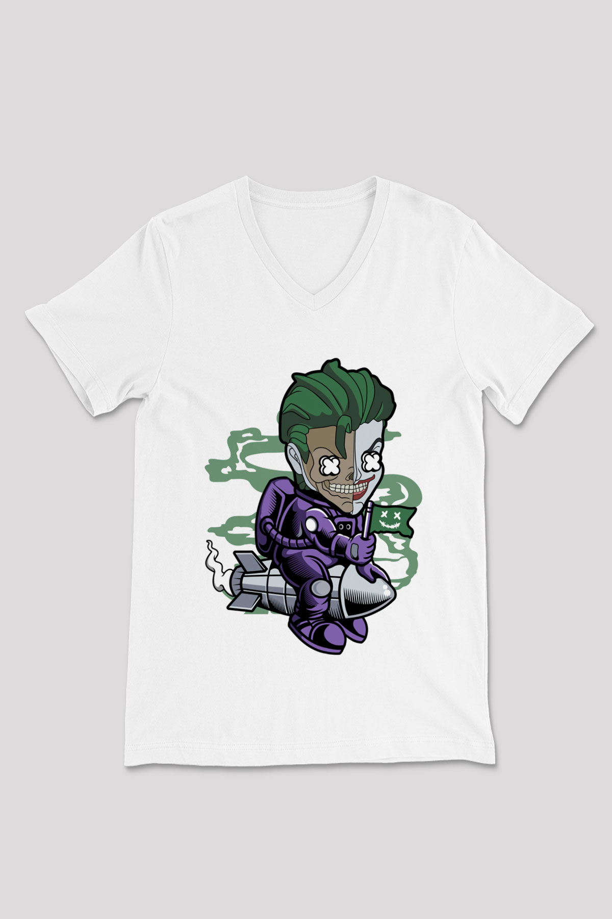Poker Roket Rider Baskılı Unisex Beyaz V Yaka Tişört