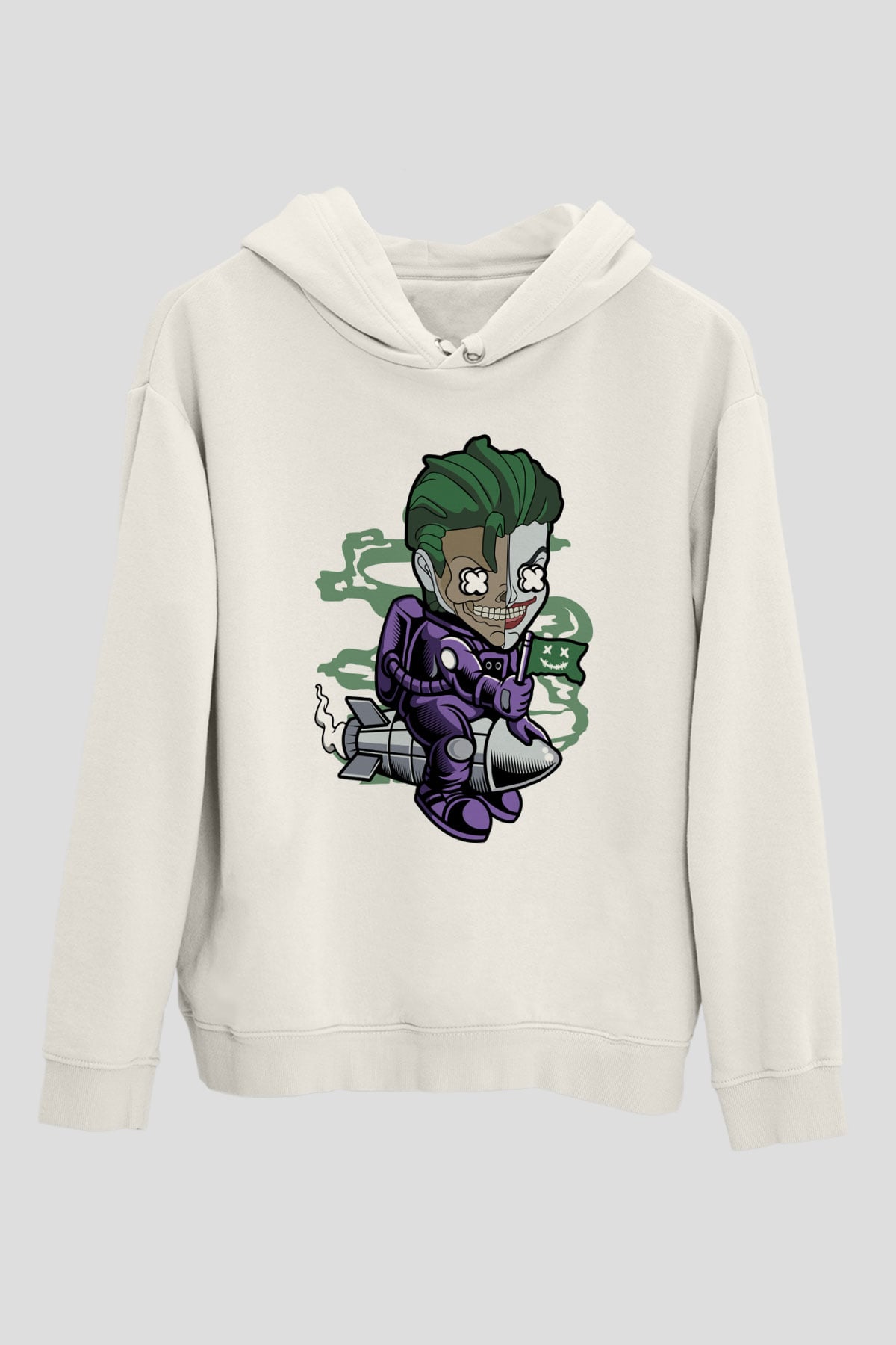 Poker Roket Rider Baskılı Unisex Beyaz Hoodie