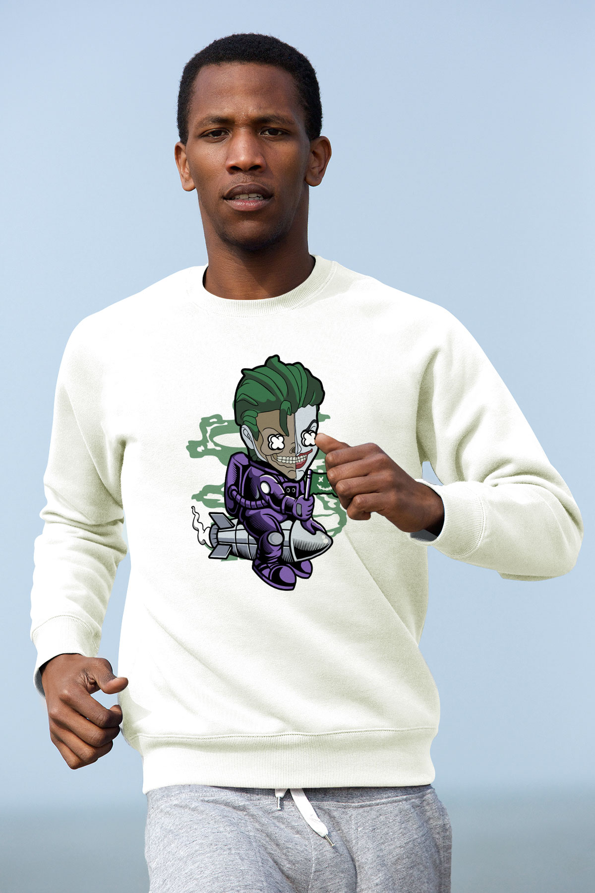 Poker Roket Rider Baskılı Unisex Beyaz Sweatshirt