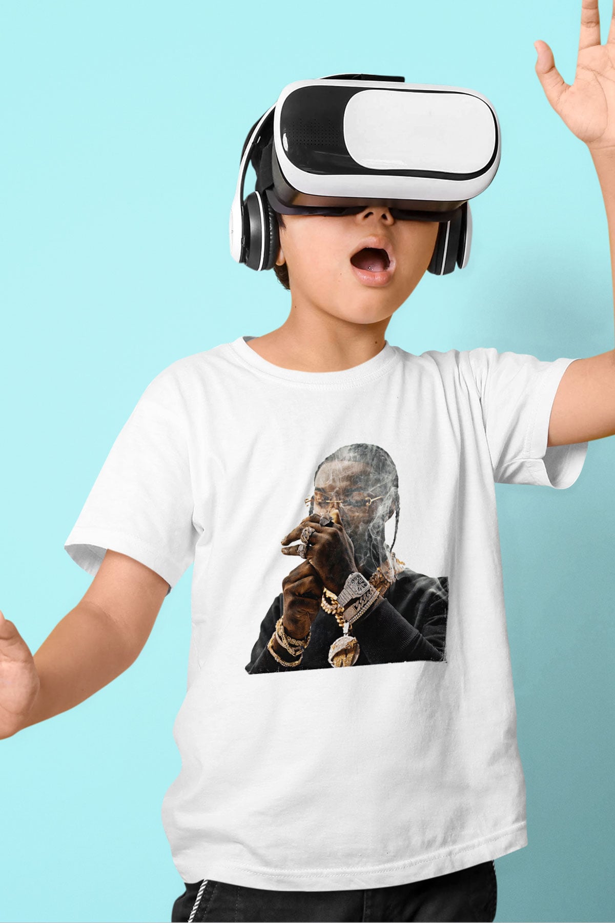 Pop Smoke Baskılı Beyaz Unisex Beyaz Çocuk Tişört - Tshirt
