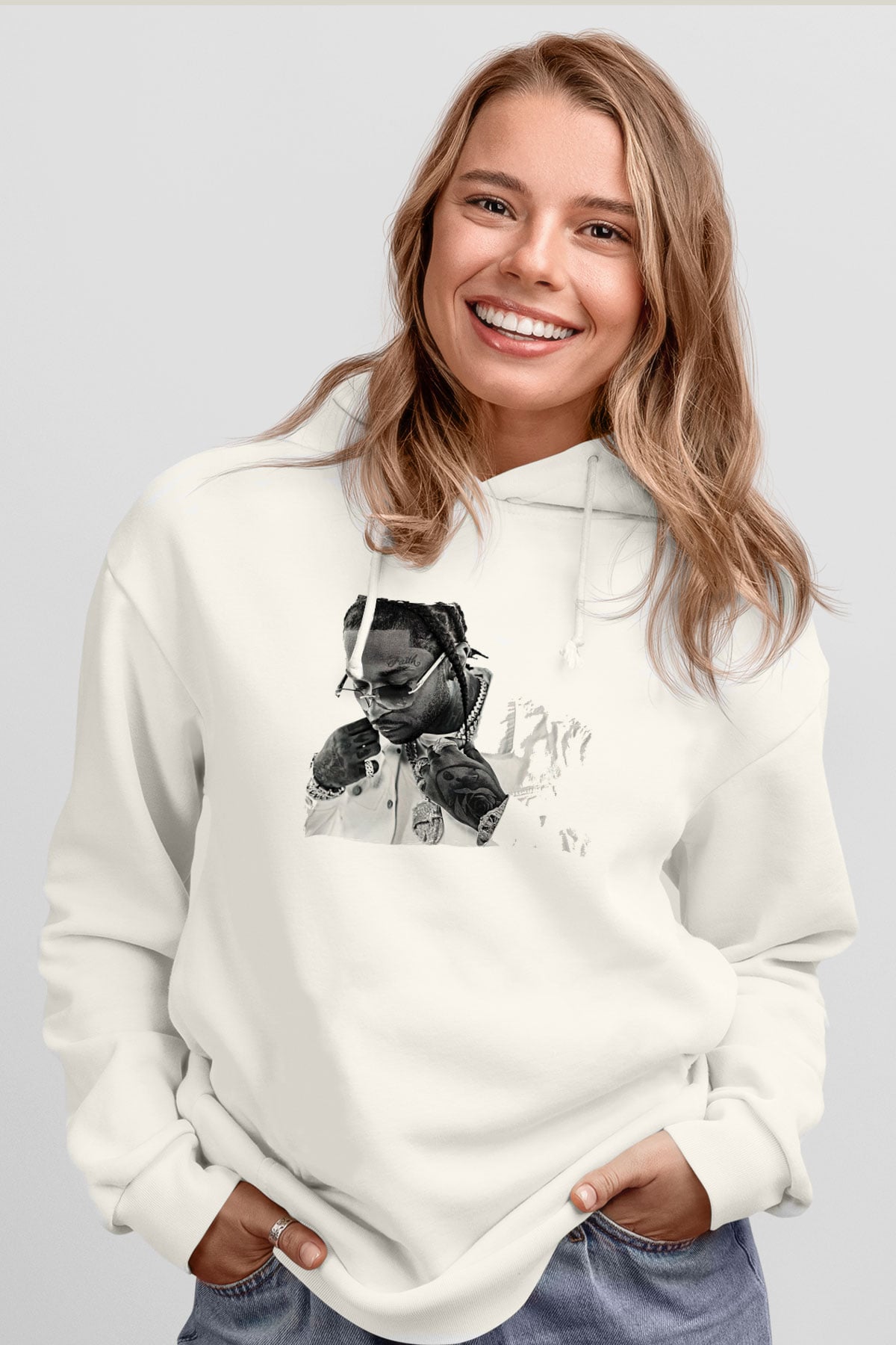Pop Smoke Baskılı Beyaz Unisex Kapüşonlu Sweatshirt