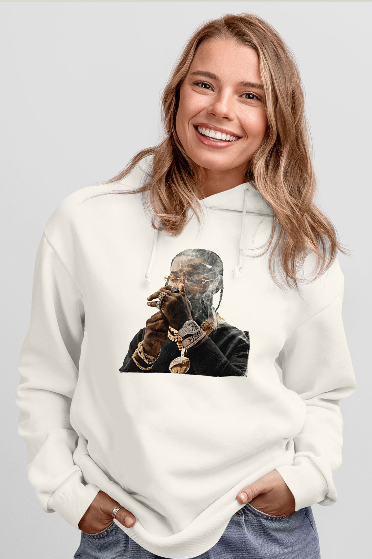 Pop Smoke Baskılı Beyaz Unisex Kapüşonlu Sweatshirt