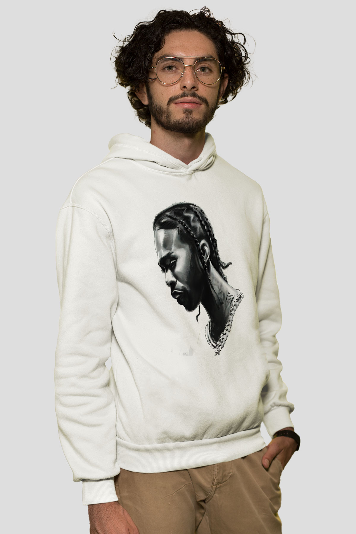 Pop Smoke Baskılı Beyaz Unisex Kapüşonlu Sweatshirt