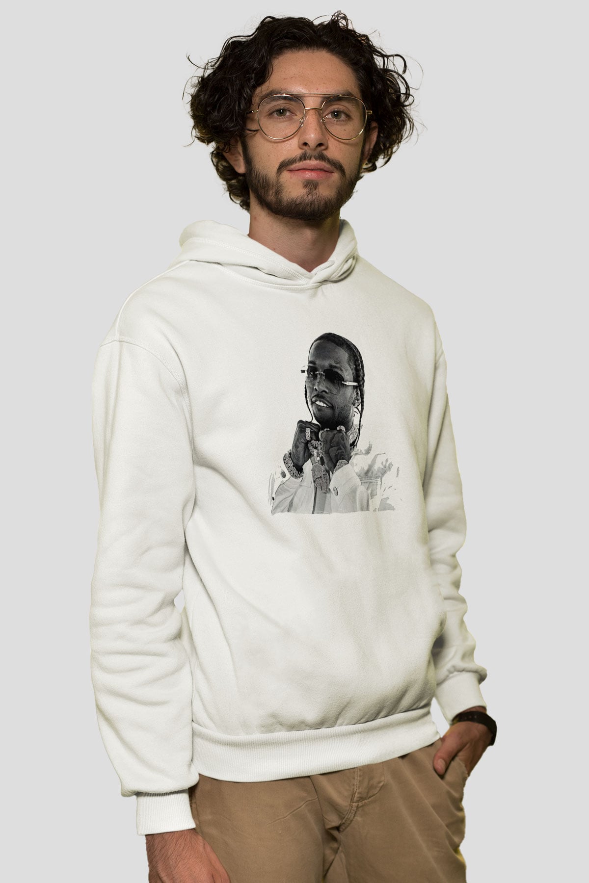 Pop Smoke Baskılı Beyaz Unisex Kapüşonlu Sweatshirt