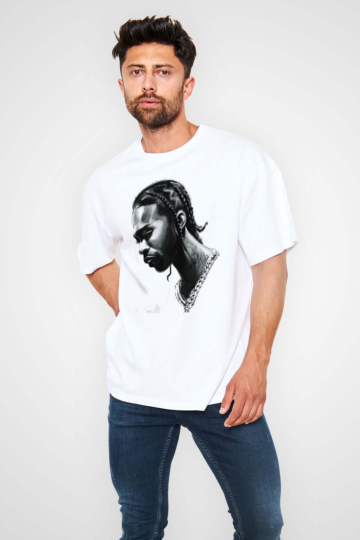 Pop Smoke Baskılı Beyaz Unisex Oversize Tişört - Tshirt