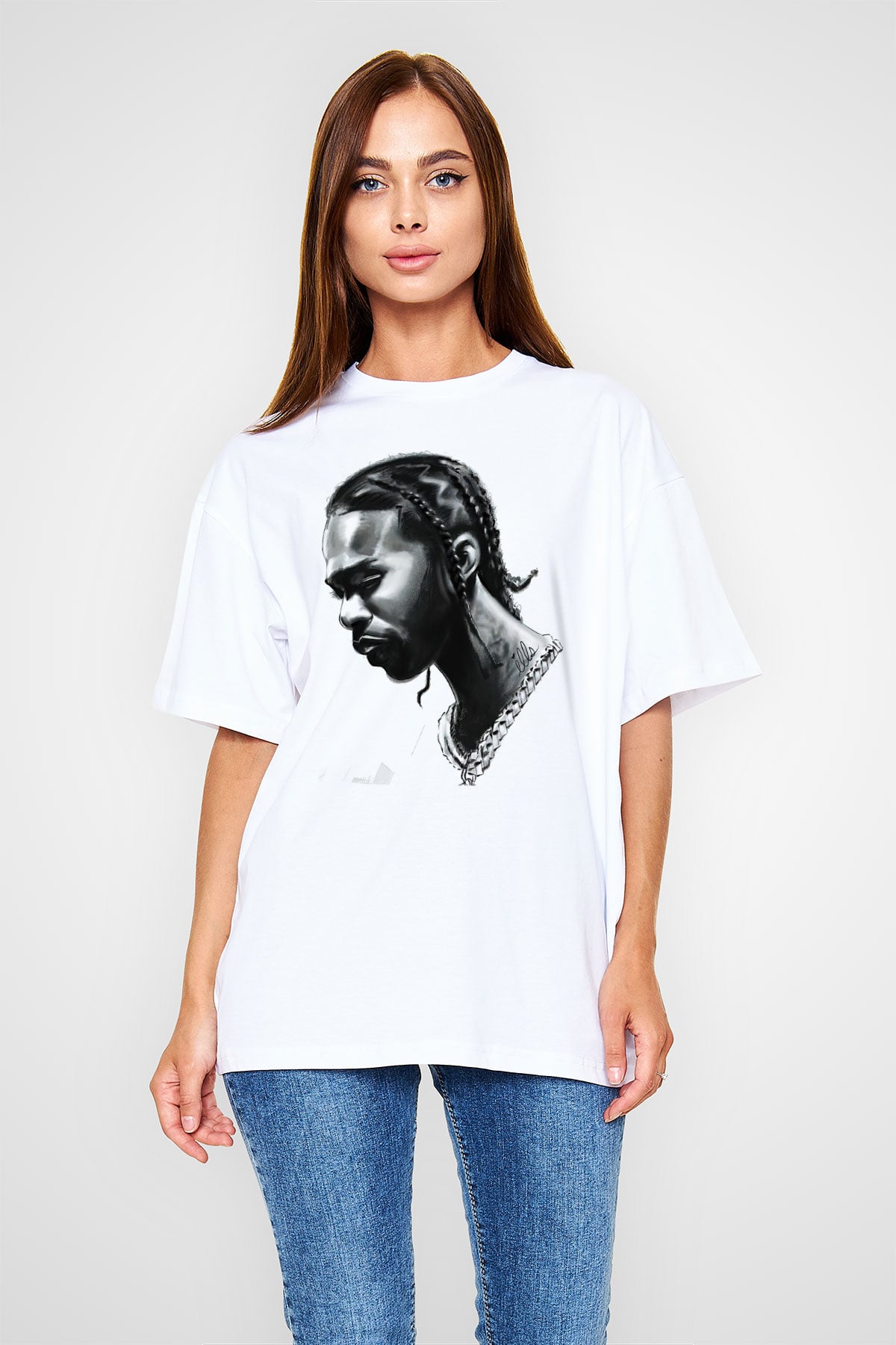 Pop Smoke Baskılı Beyaz Unisex Oversize Tişört - Tshirt