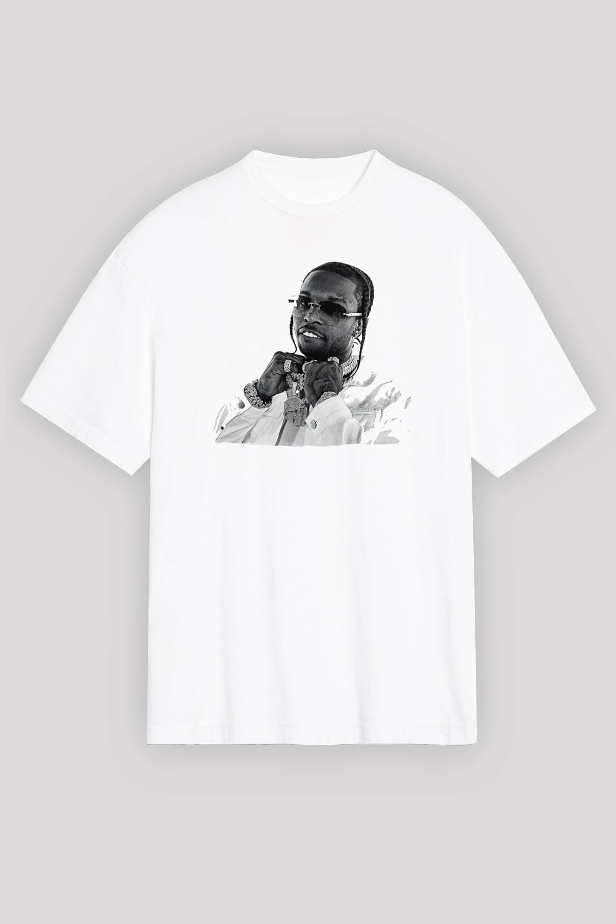 Pop Smoke Baskılı Beyaz Unisex Oversize Tişört - Tshirt