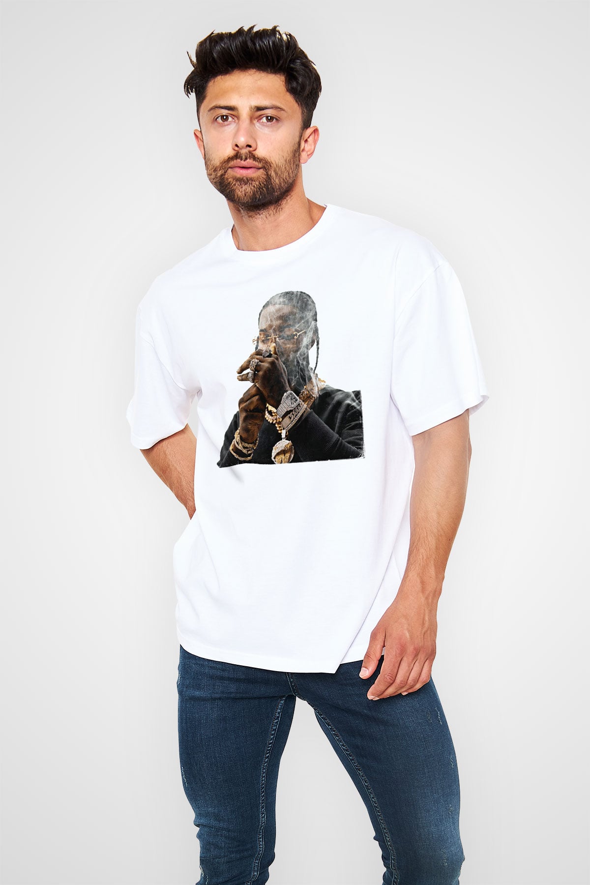 Pop Smoke Baskılı Beyaz Unisex Oversize Tişört - Tshirt