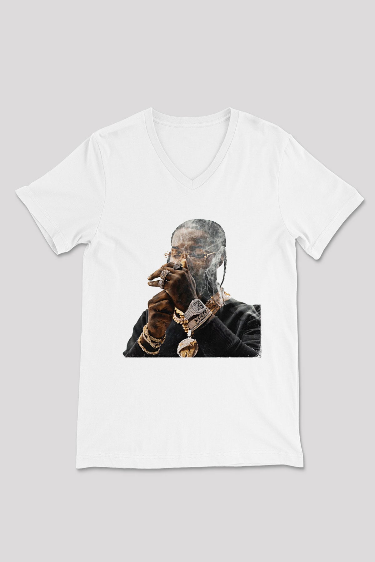 Pop Smoke Baskılı Beyaz Unisex V Yaka Tişört - Tshirt
