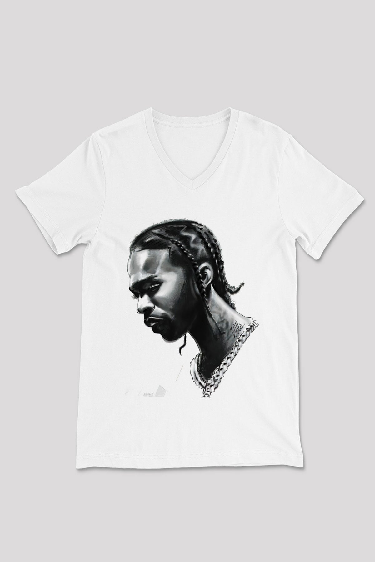 Pop Smoke Baskılı Beyaz Unisex V Yaka Tişört - Tshirt