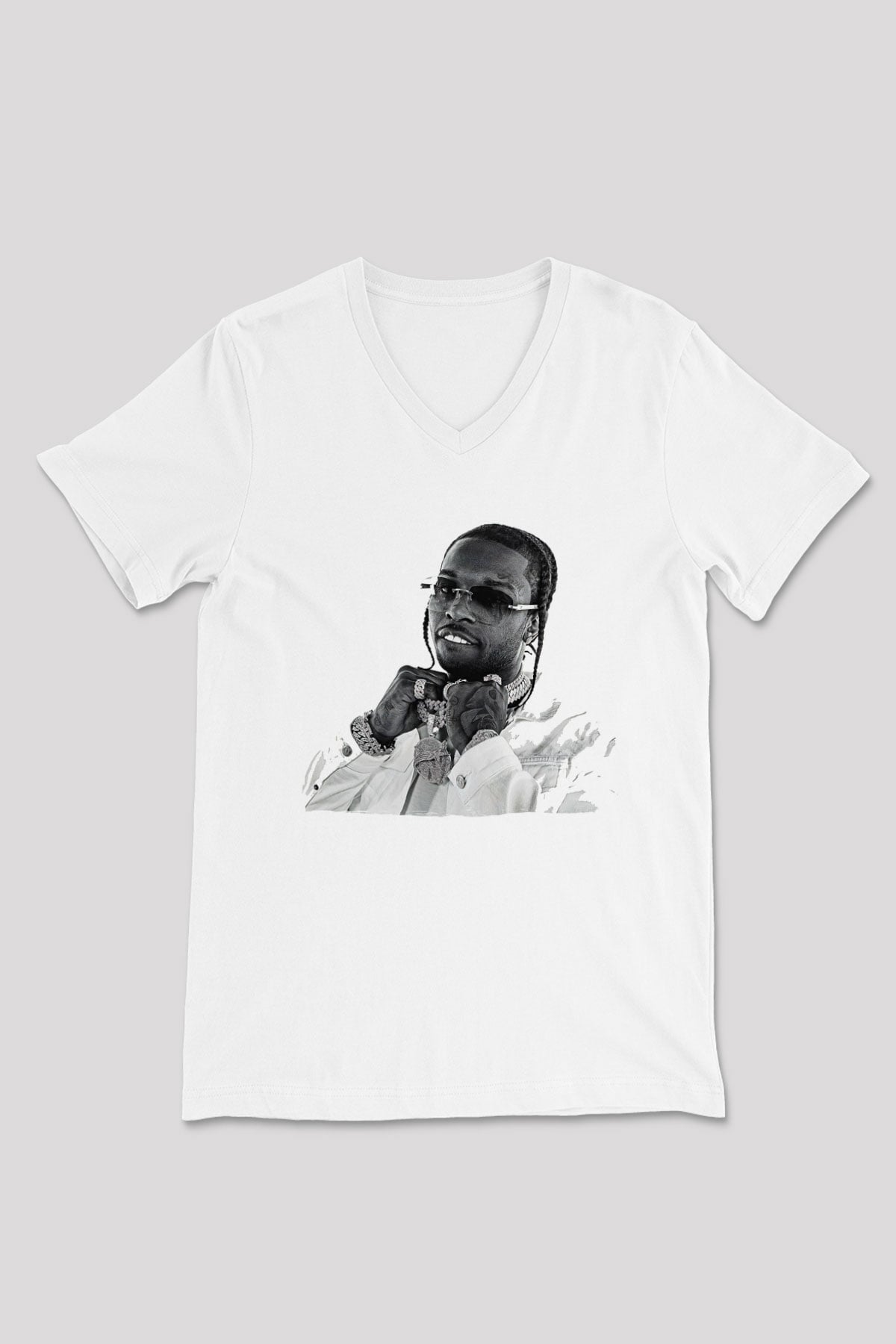 Pop Smoke Baskılı Beyaz Unisex V Yaka Tişört - Tshirt