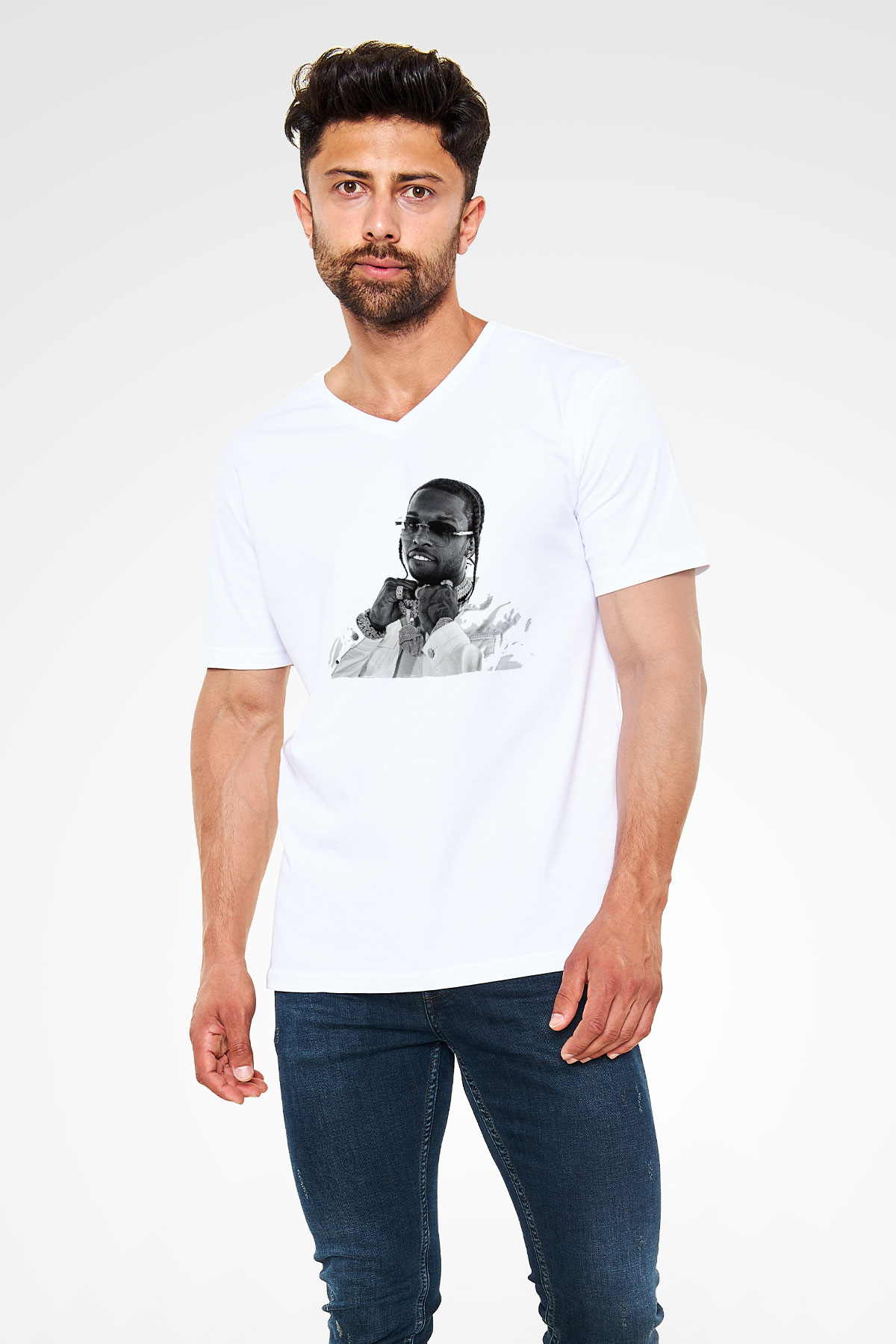 Pop Smoke Baskılı Beyaz Unisex V Yaka Tişört - Tshirt