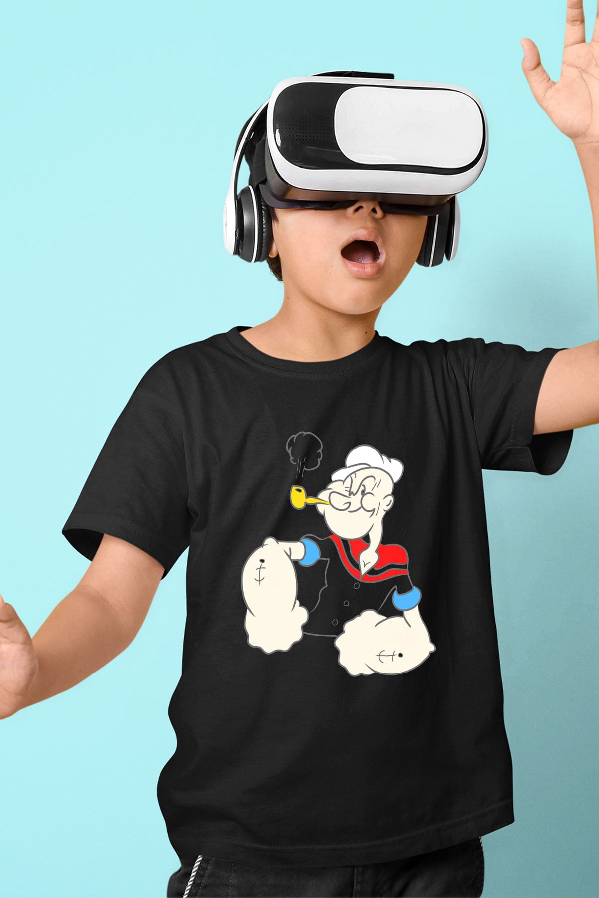 Popeye Baskılı Siyah Unisex Çocuk Tişört