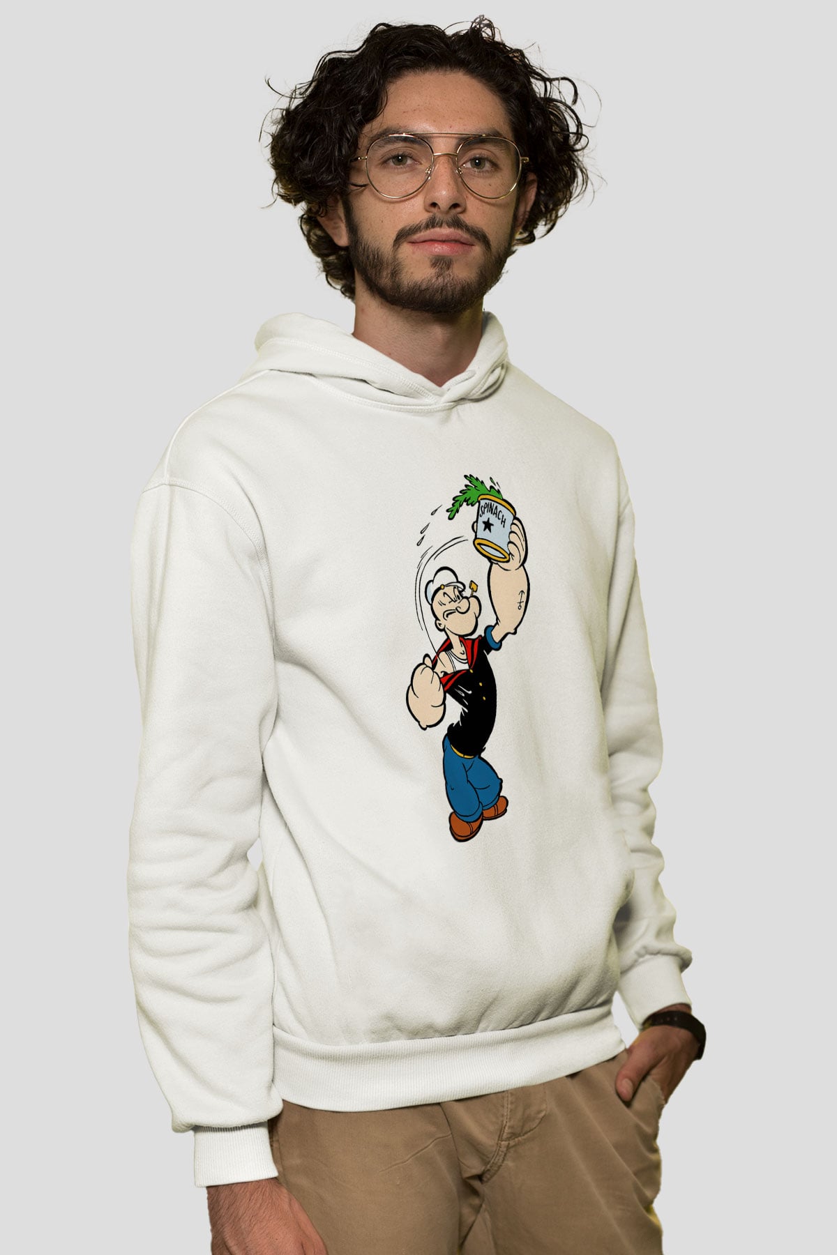 Popeye Beyaz Unisex Kapşonlu Sweatshirt