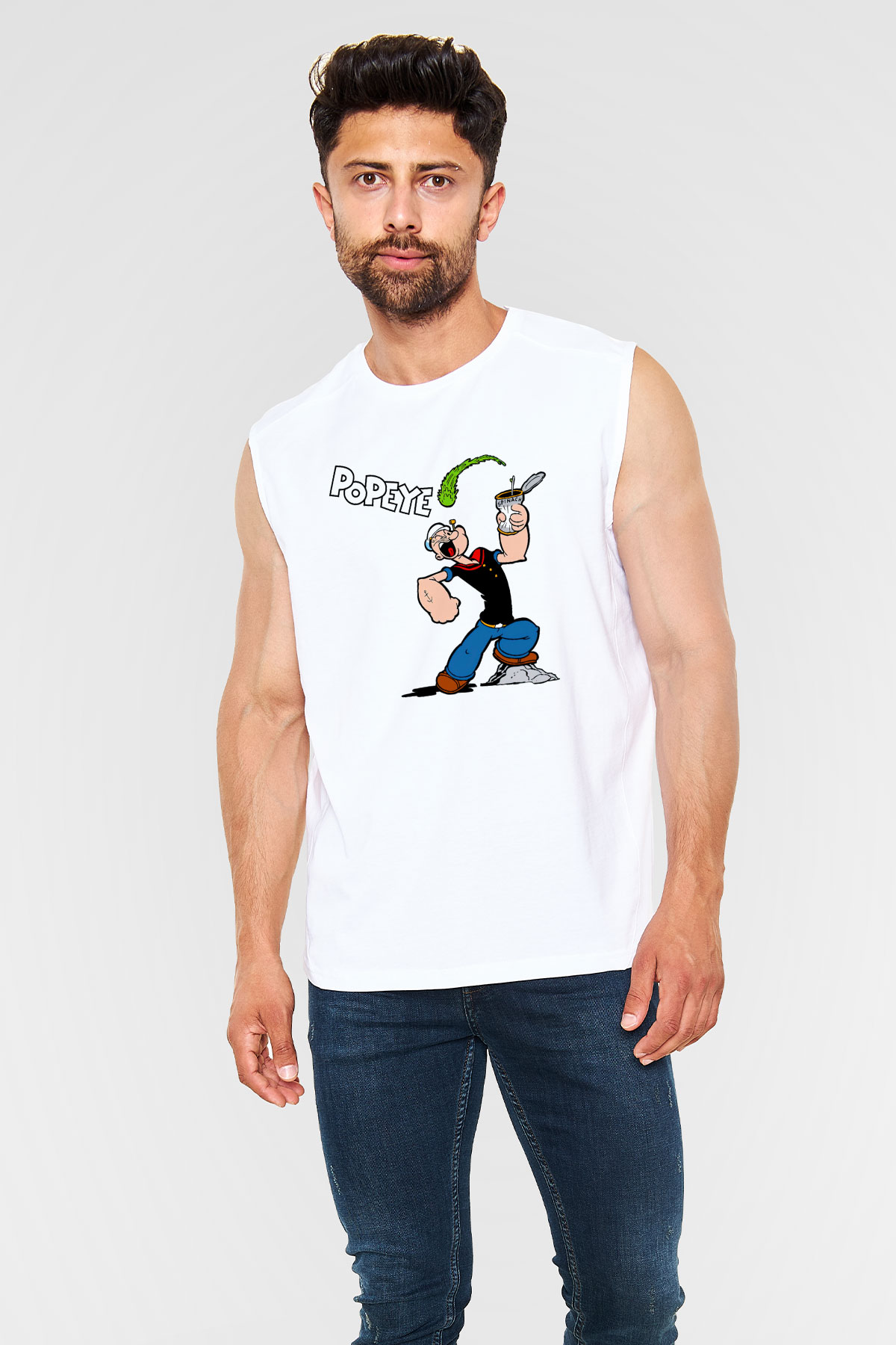 Popeye Beyaz Unisex Kolsuz Tişört