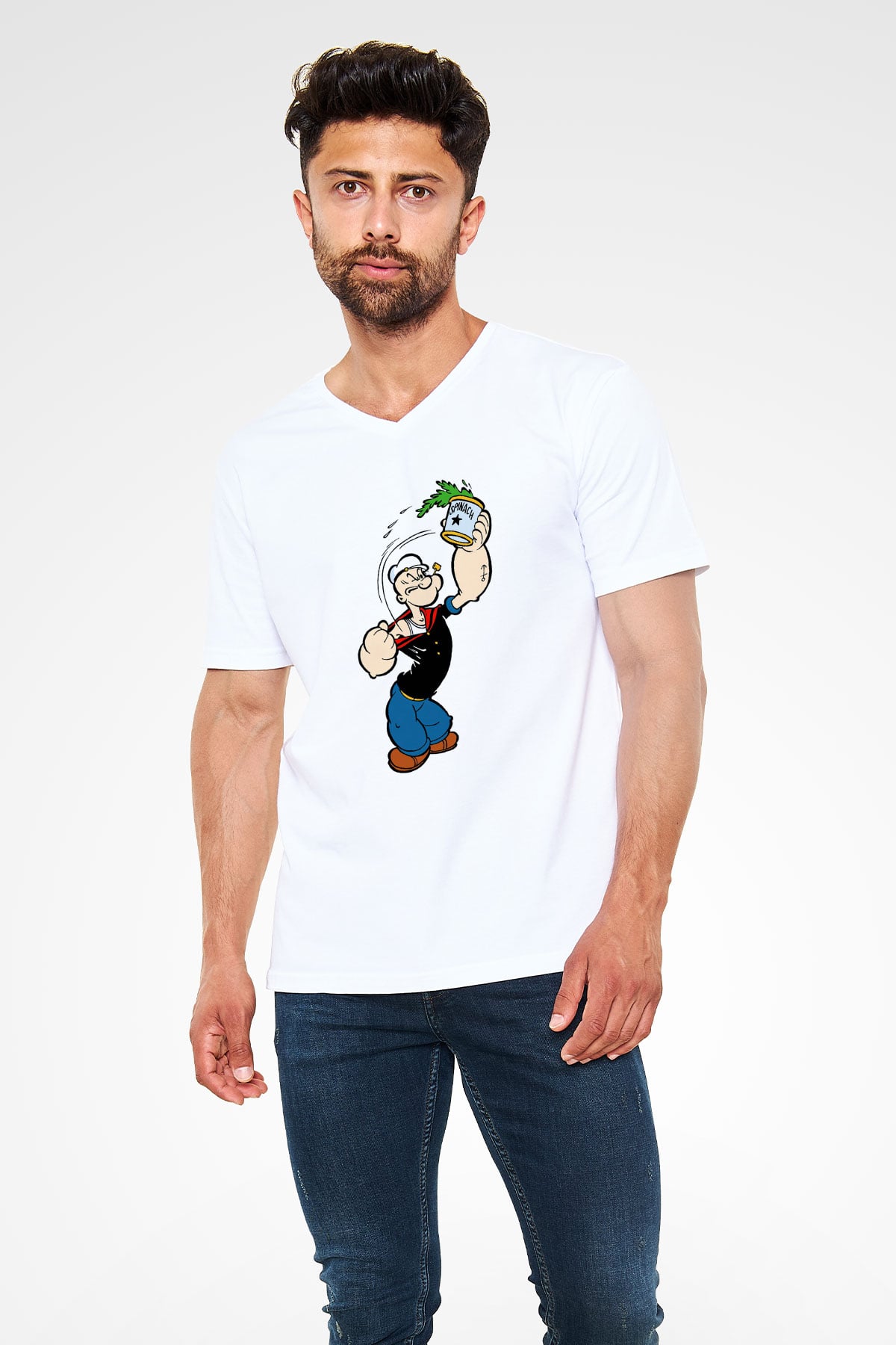 Popeye Beyaz Unisex V Yaka Tişört