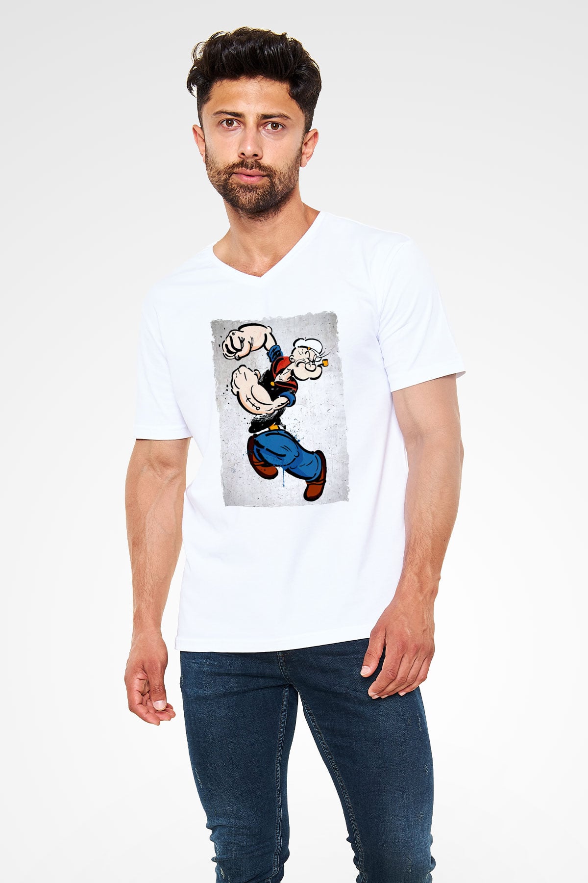 Popeye Beyaz Unisex  V Yaka Tişört