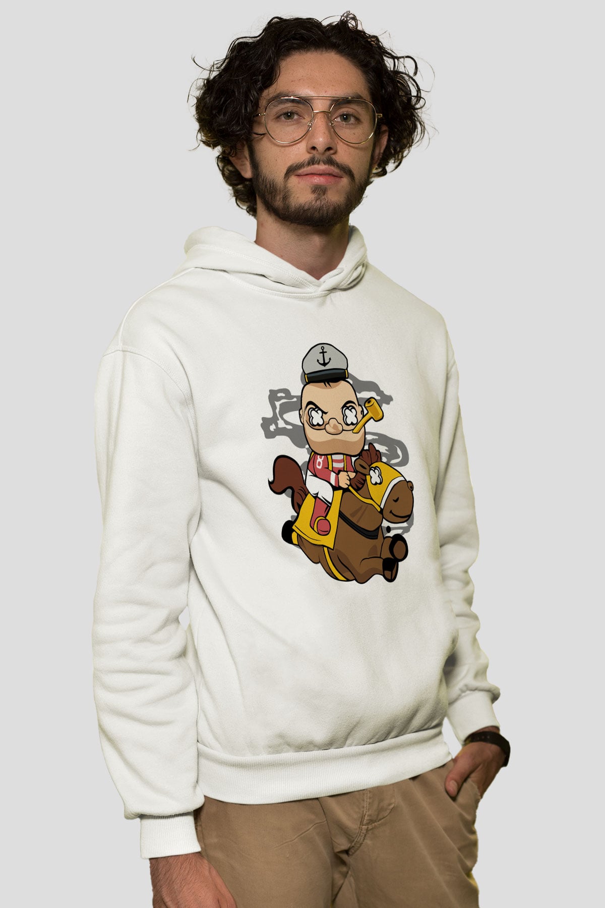 Popeye Jockey Baskılı Beyaz Unisex Hoodie
