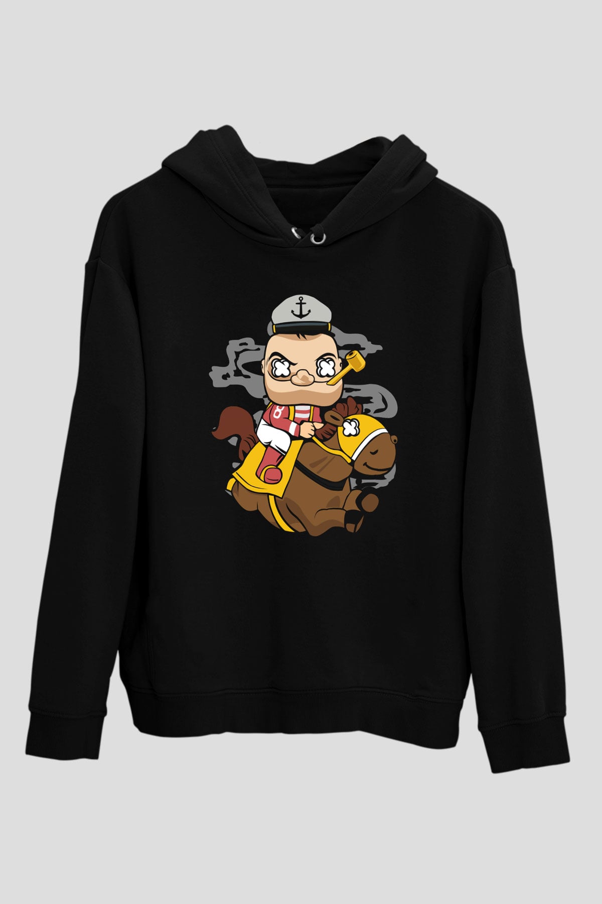 Popeye Jockey Baskılı Siyah Unisex Hoodie