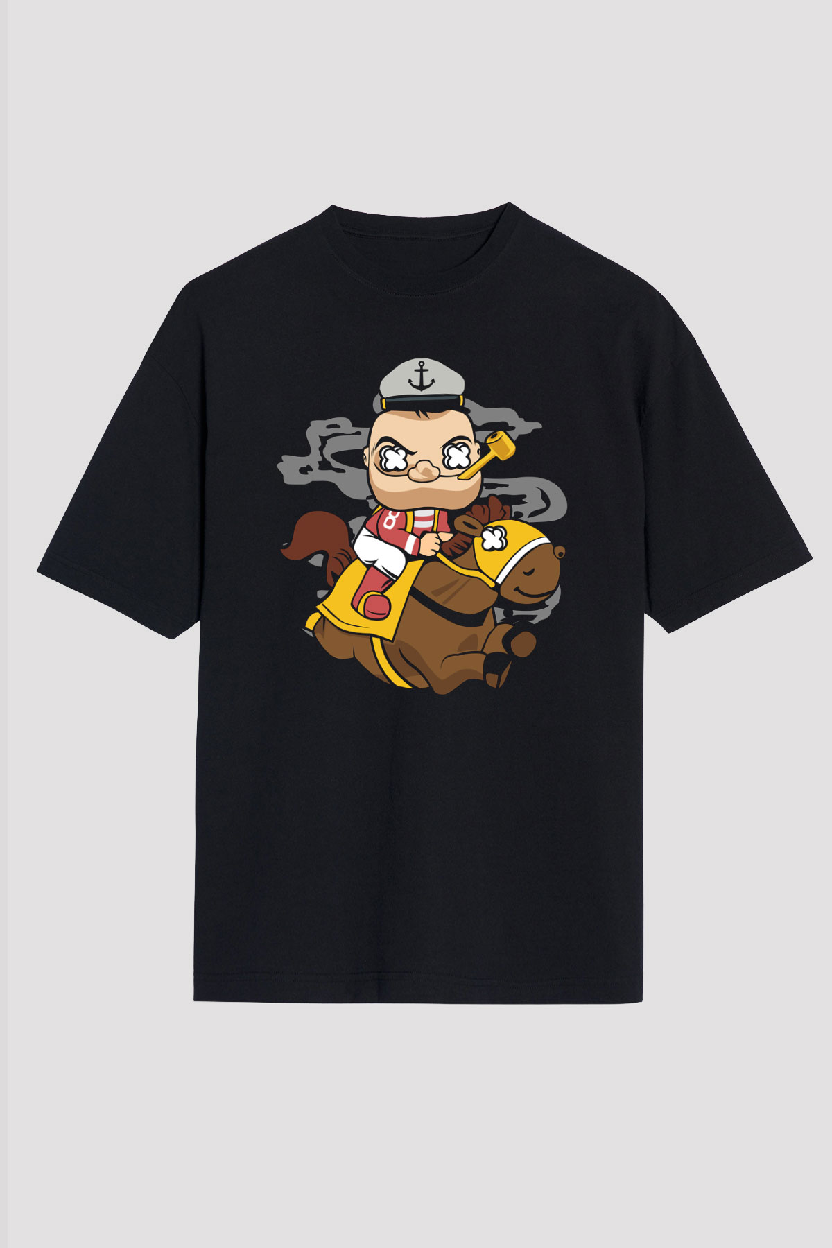 Popeye Jockey Baskılı Siyah Unisex Oversize Tişört