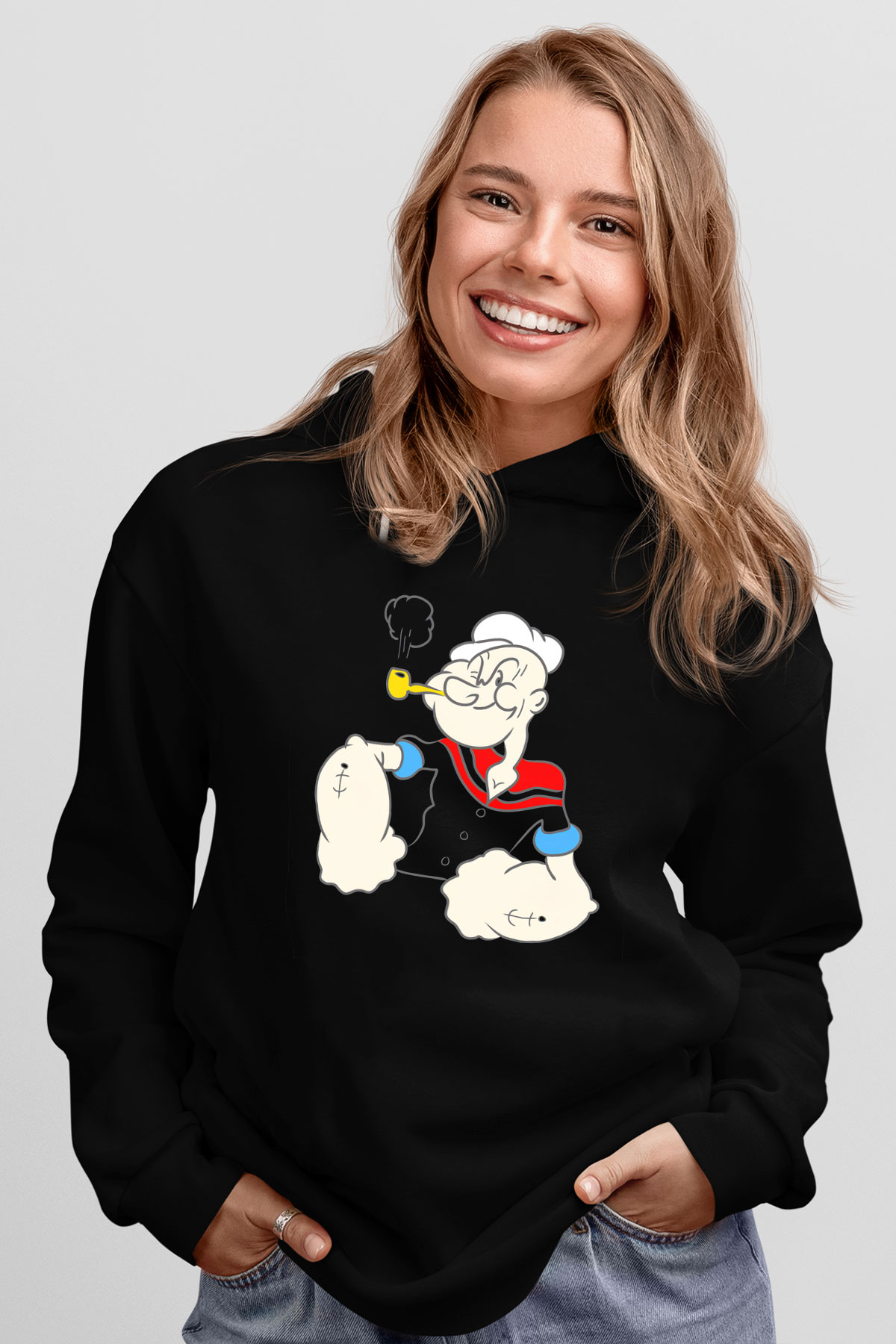 Popeye Siyah Unisex Kapüşonlu Sweatshirt