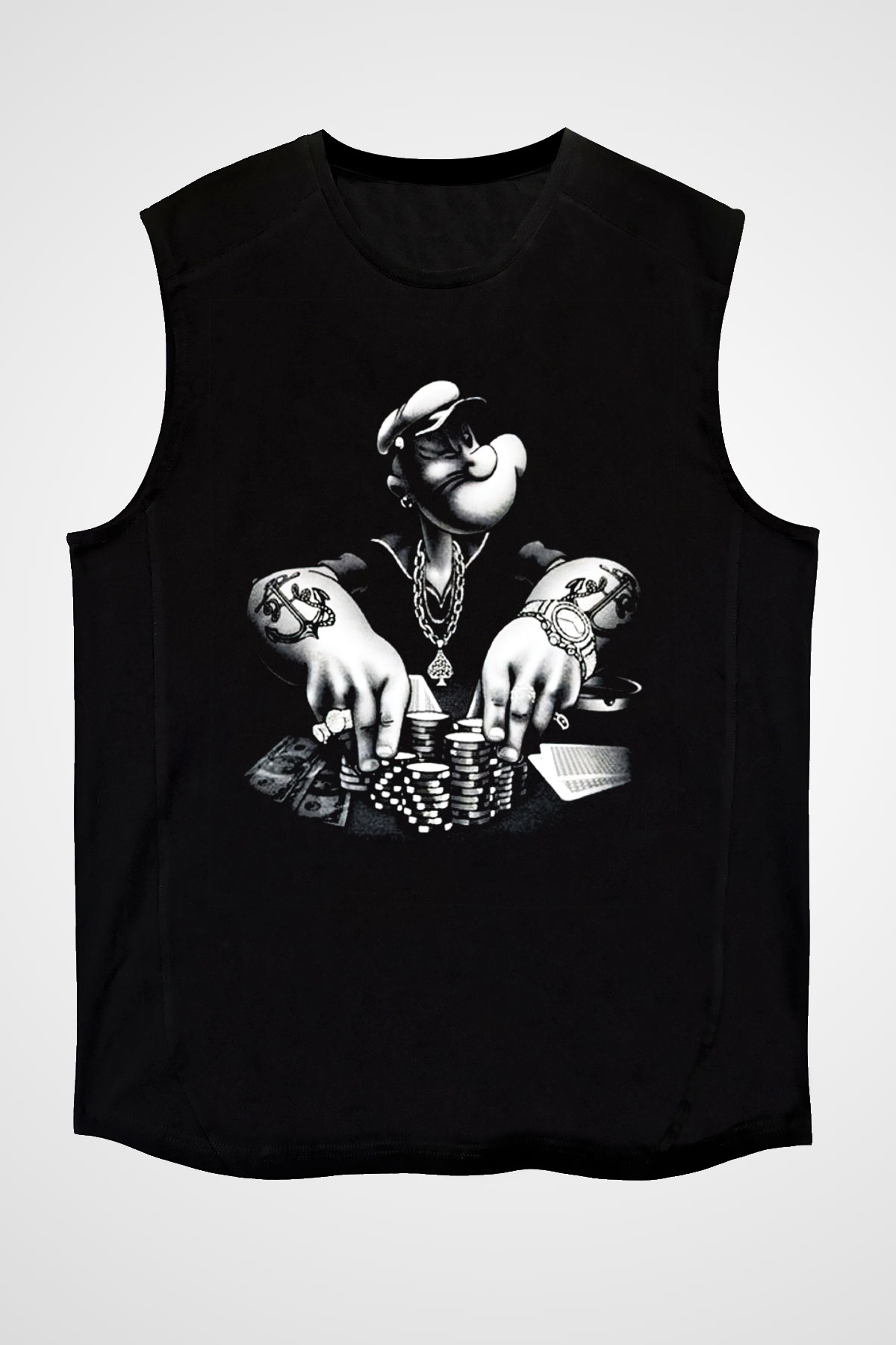 Popeye Siyah Unisex Kolsuz Tişört
