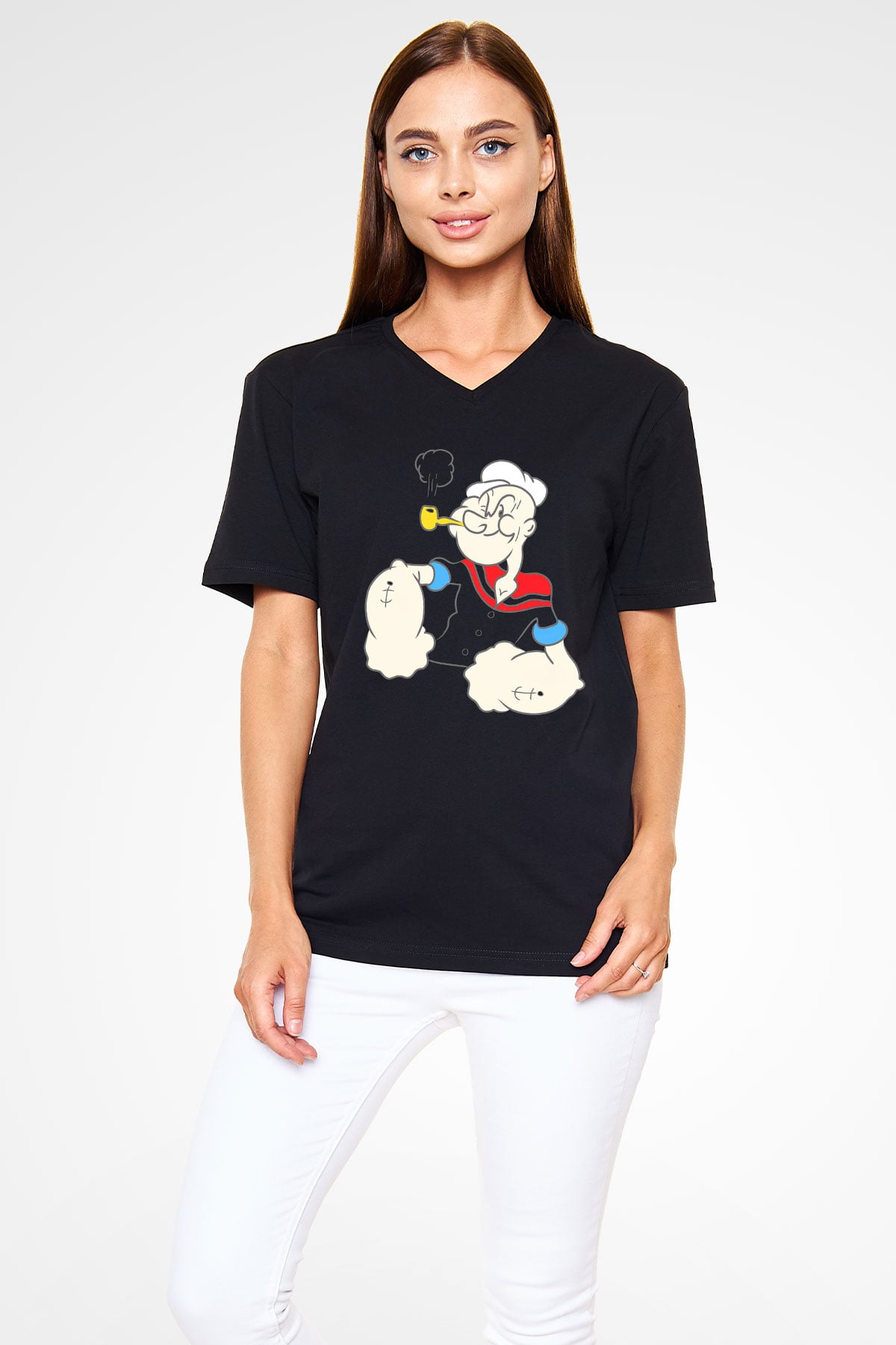 Popeye Siyah Unisex V Yaka Tişört