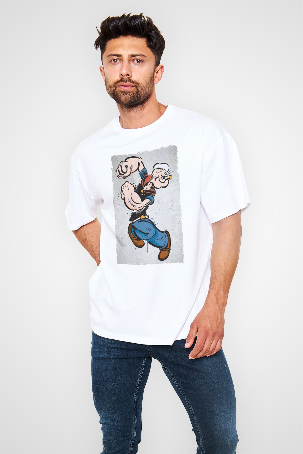Popeye Temel Reis Baskılı Unisex Beyaz Tişört
