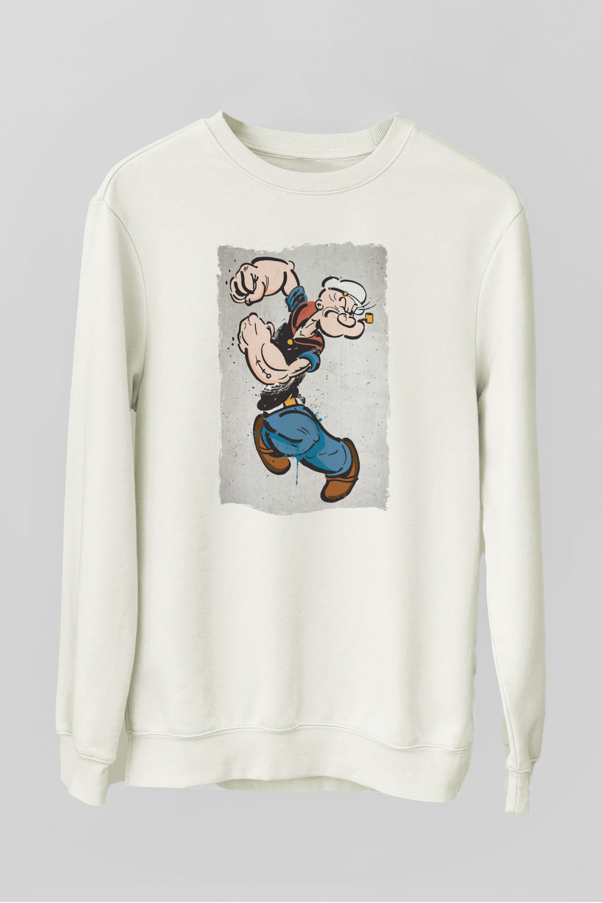 Popeye Temel Reis Baskılı Unisex Beyaz  Sweatshirt