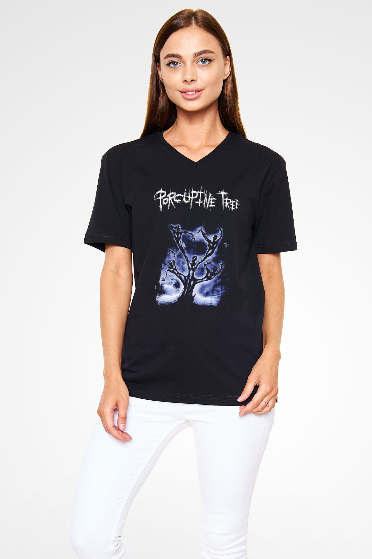 Porcupine Tree Baskılı Unisex Siyah V Yaka Tişört - Tshirt