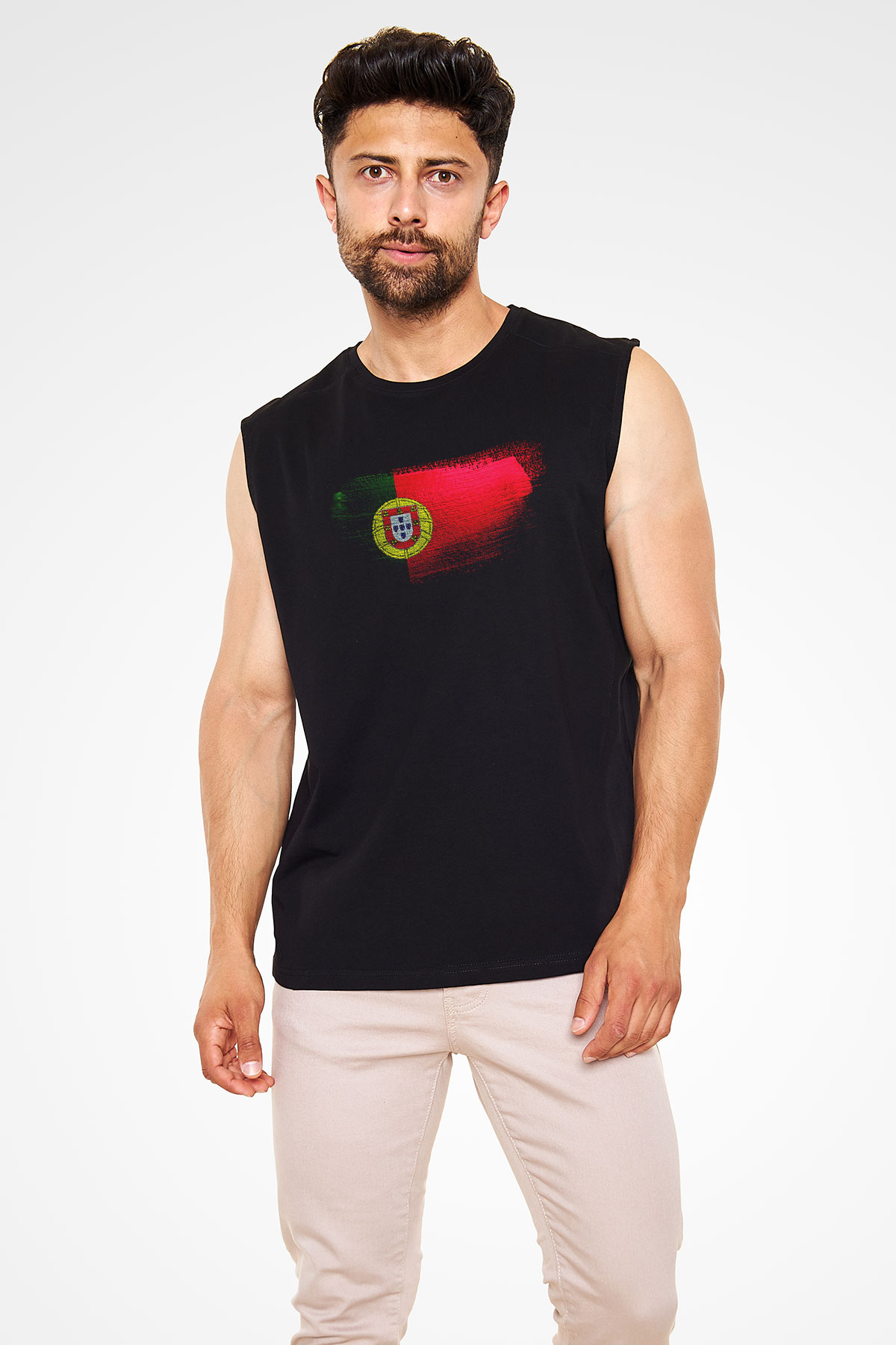 Portekiz - Portugal Bayrağı Baskılı Unisex Siyah Kolsuz Tişört