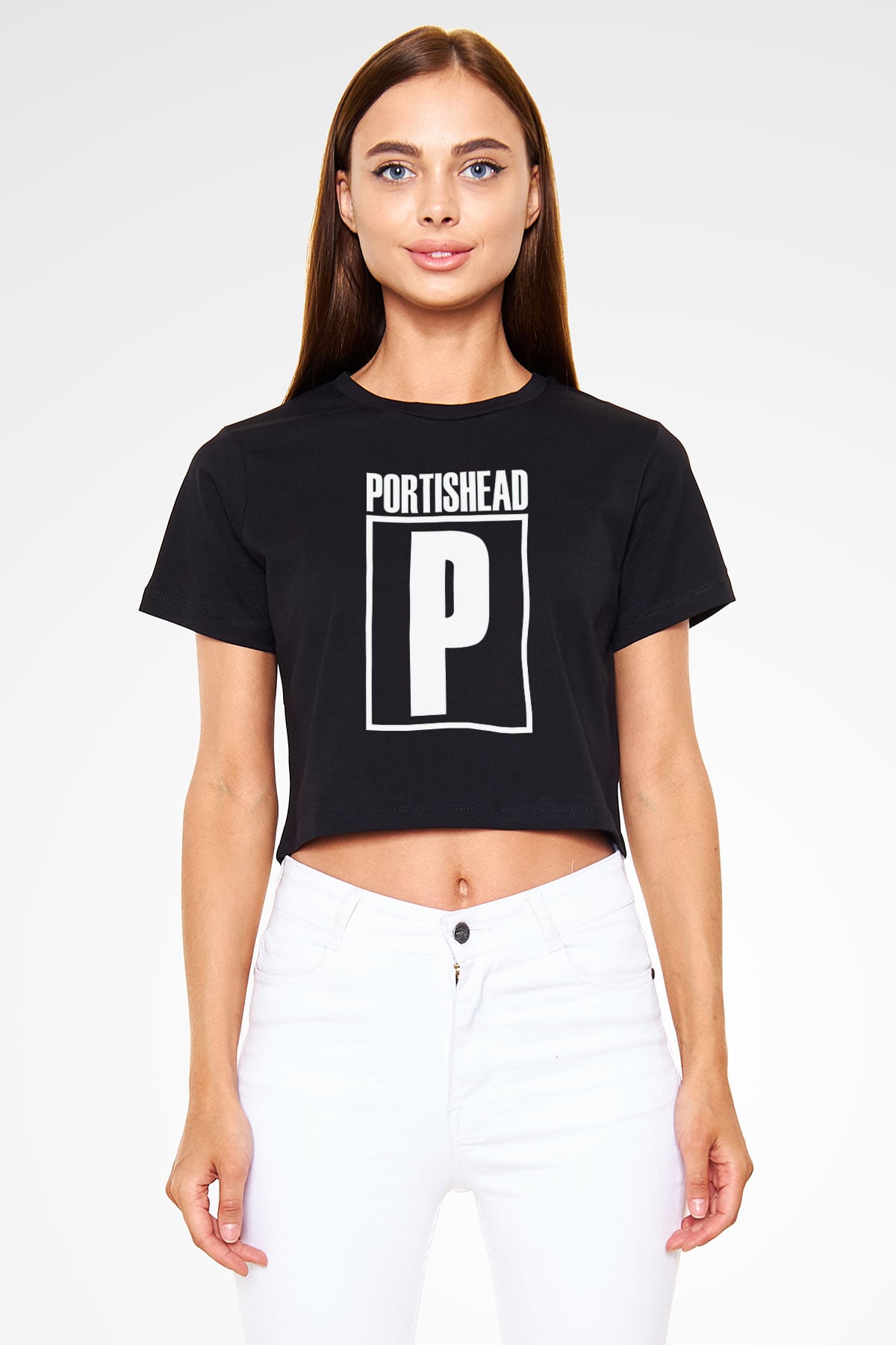Portishead Baskılı Siyah Crop Top Kadın Tişört - Tshirt