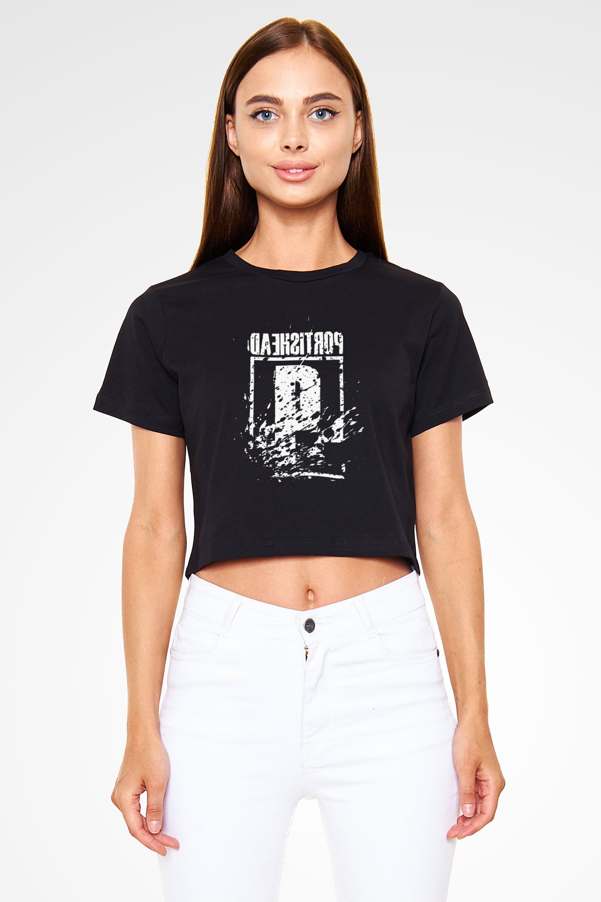 Portishead Baskılı Siyah Crop Top Kadın Tişört - Tshirt