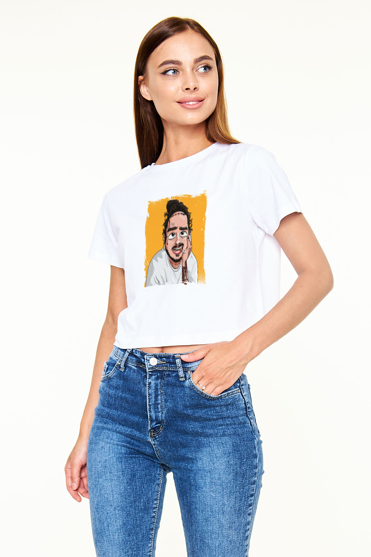 Post Malone Baskılı Beyaz Kadın Crop Top Tişört