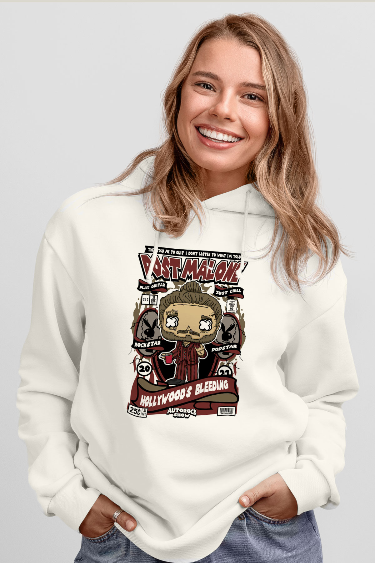 Post Malone Baskılı Unisex Beyaz Hoodie