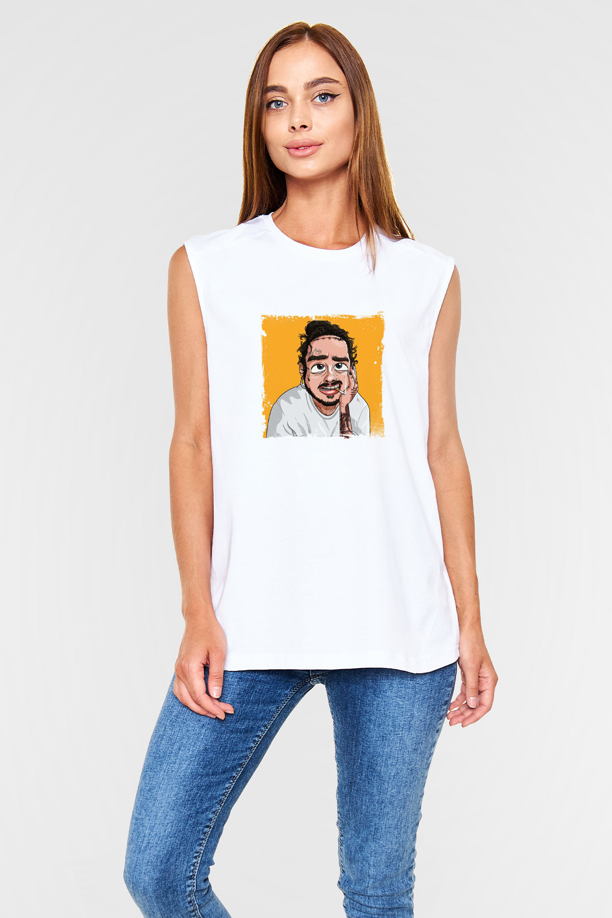 Post Malone Baskılı Unisex Beyaz Kolsuz Tişört