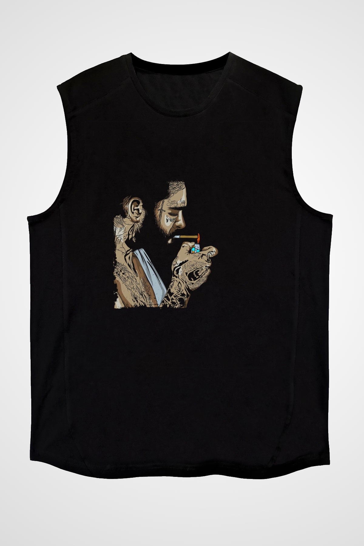 Post Malone Baskılı Unisex Siyah Kolsuz Tişört