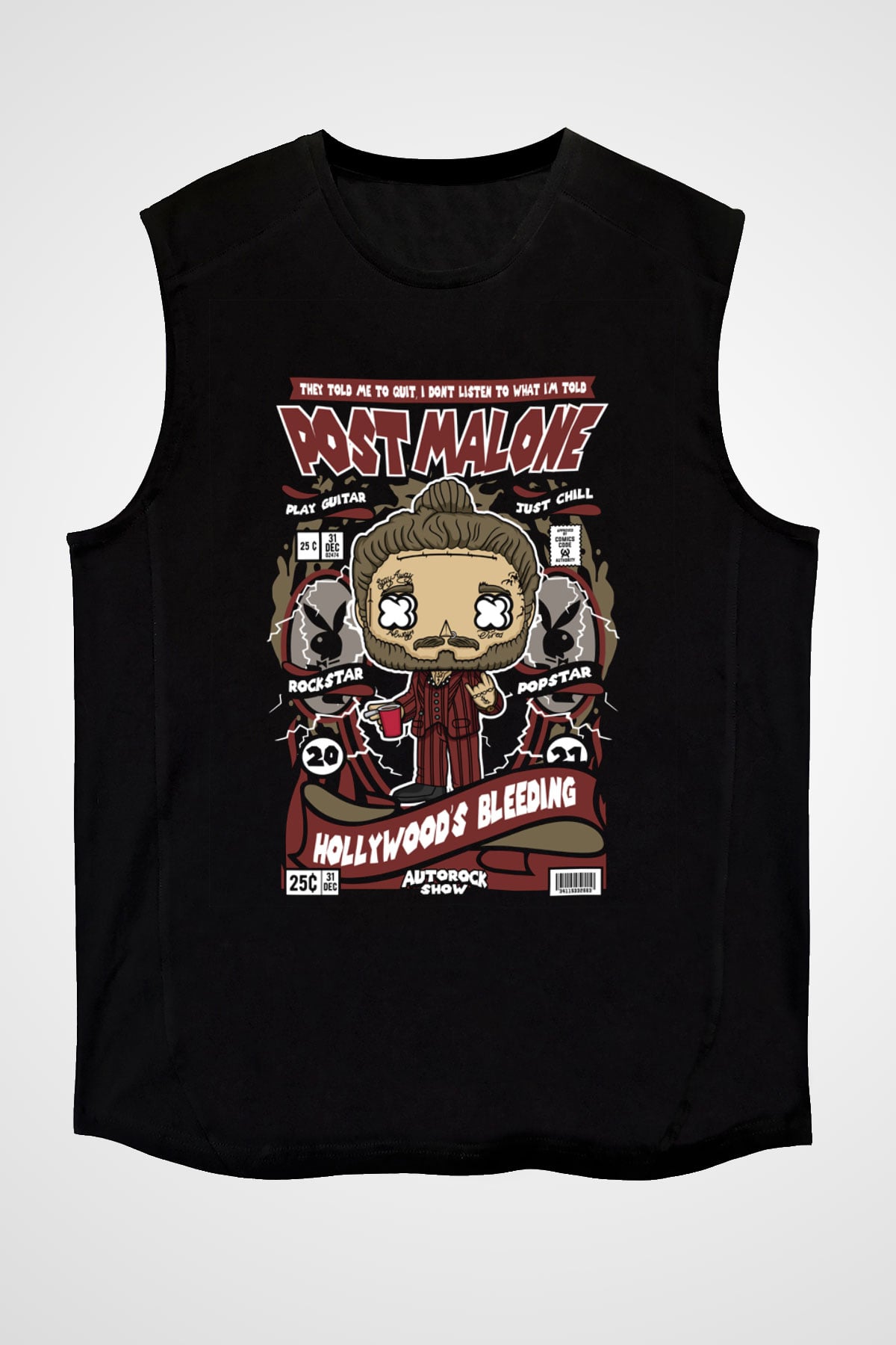 Post Malone Baskılı Unisex Siyah Kolsuz Tişört