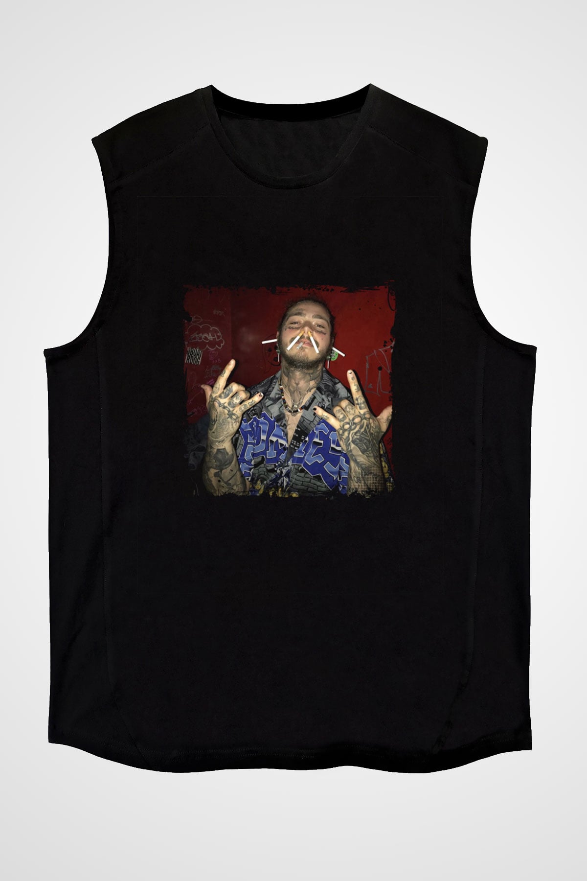 Post Malone Baskılı Unisex Siyah Kolsuz Tişört