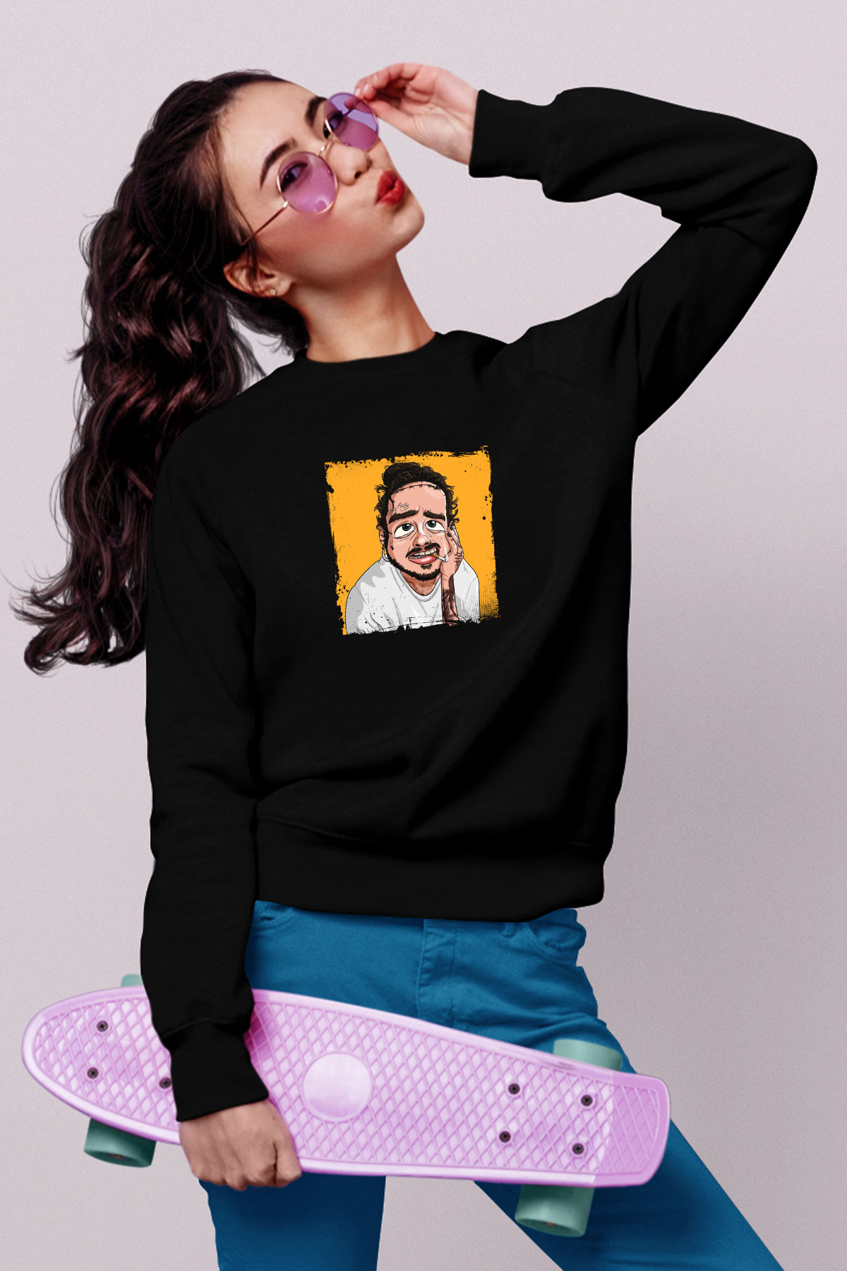 Post Malone Baskılı Unisex Siyah Sweatshirt