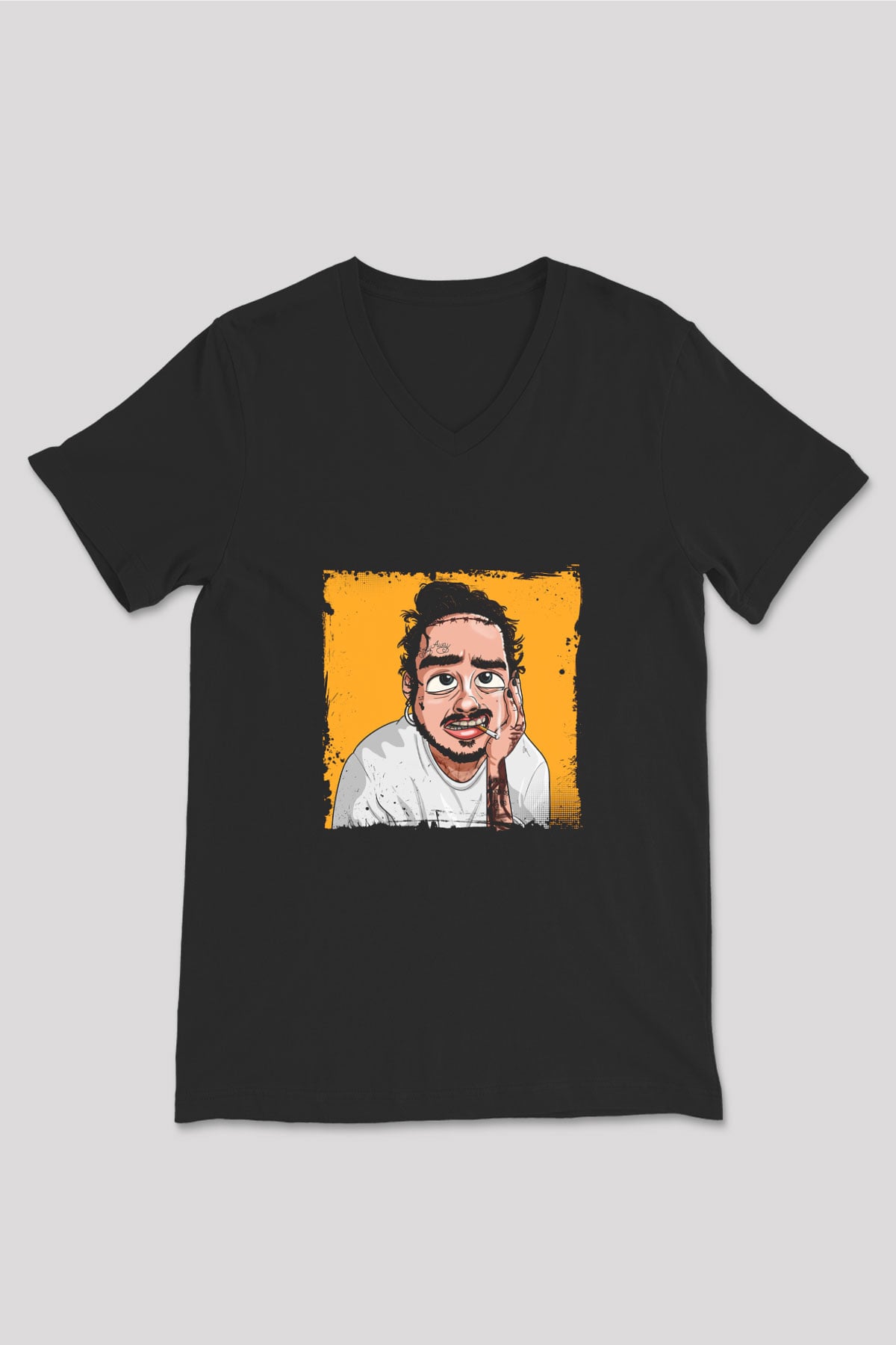Post Malone Baskılı Unisex Siyah V Yaka Tişört