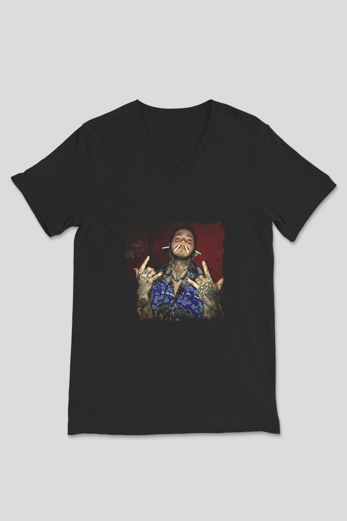 Post Malone Baskılı Unisex Siyah V Yaka Tişört