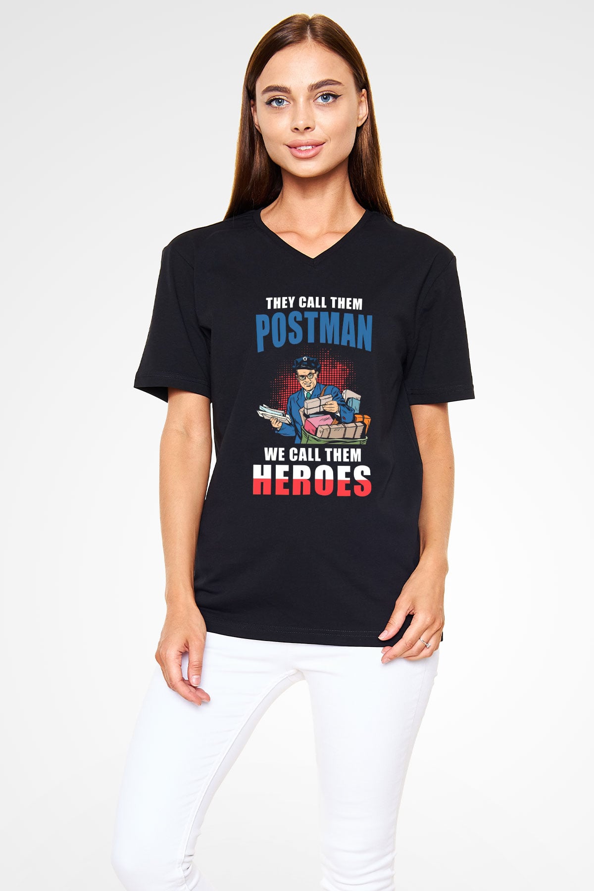 Postacı Siyah Unisex V Yaka Tişört