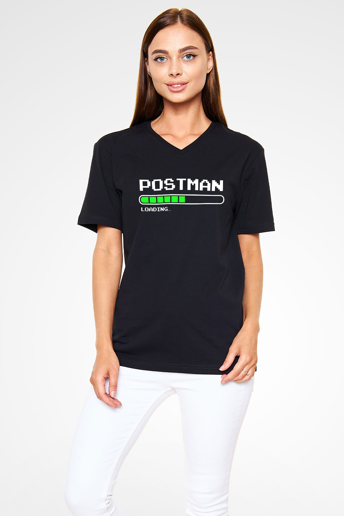 Postacı Siyah Unisex V Yaka Tişört