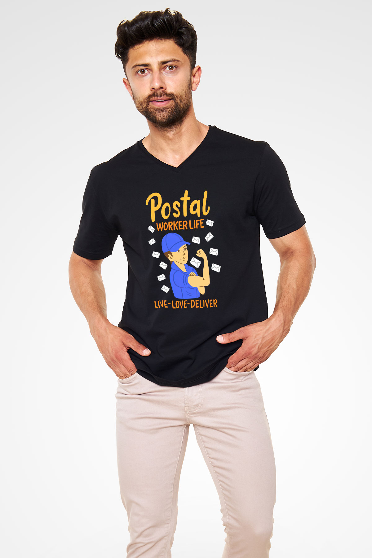 Postacı Siyah Unisex V Yaka Tişört