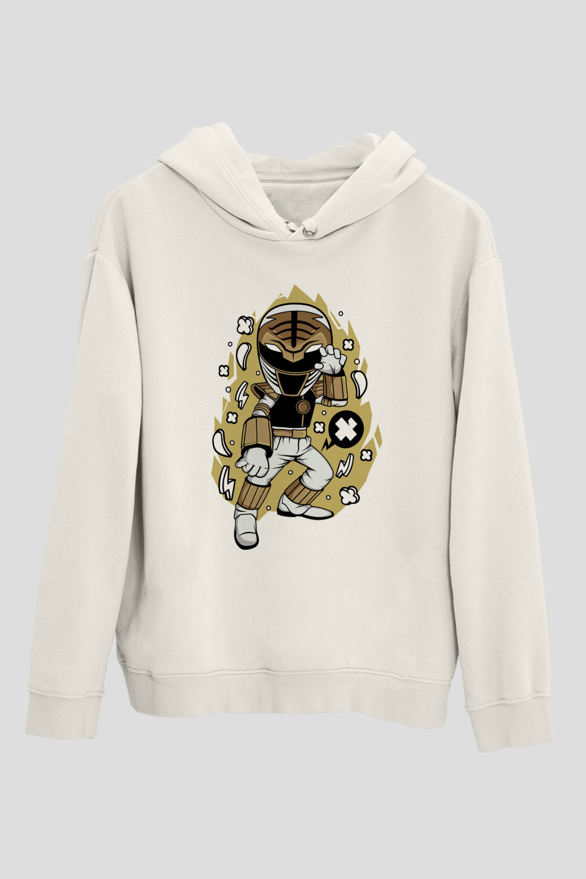 Power Ranger Baskılı Beyaz Unisex Hoodie