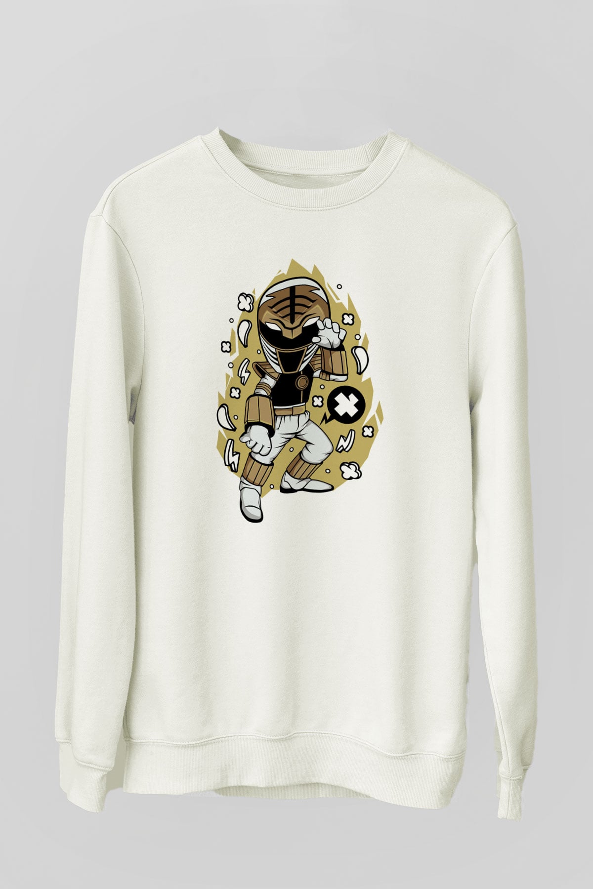 Power Ranger Baskılı Beyaz Unisex Sweatshirt
