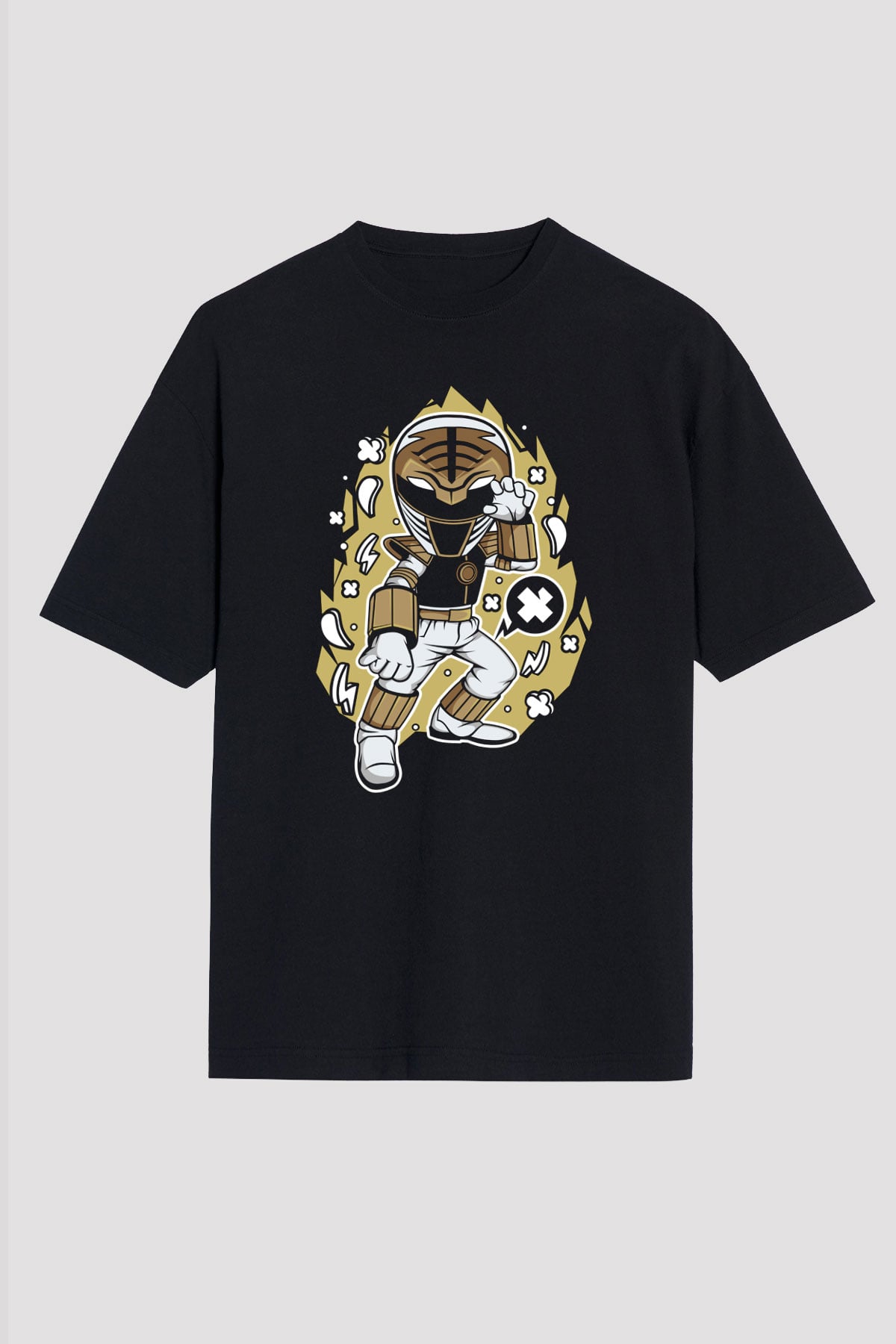 Power Ranger Baskılı Siyah Unisex Oversize Tişört