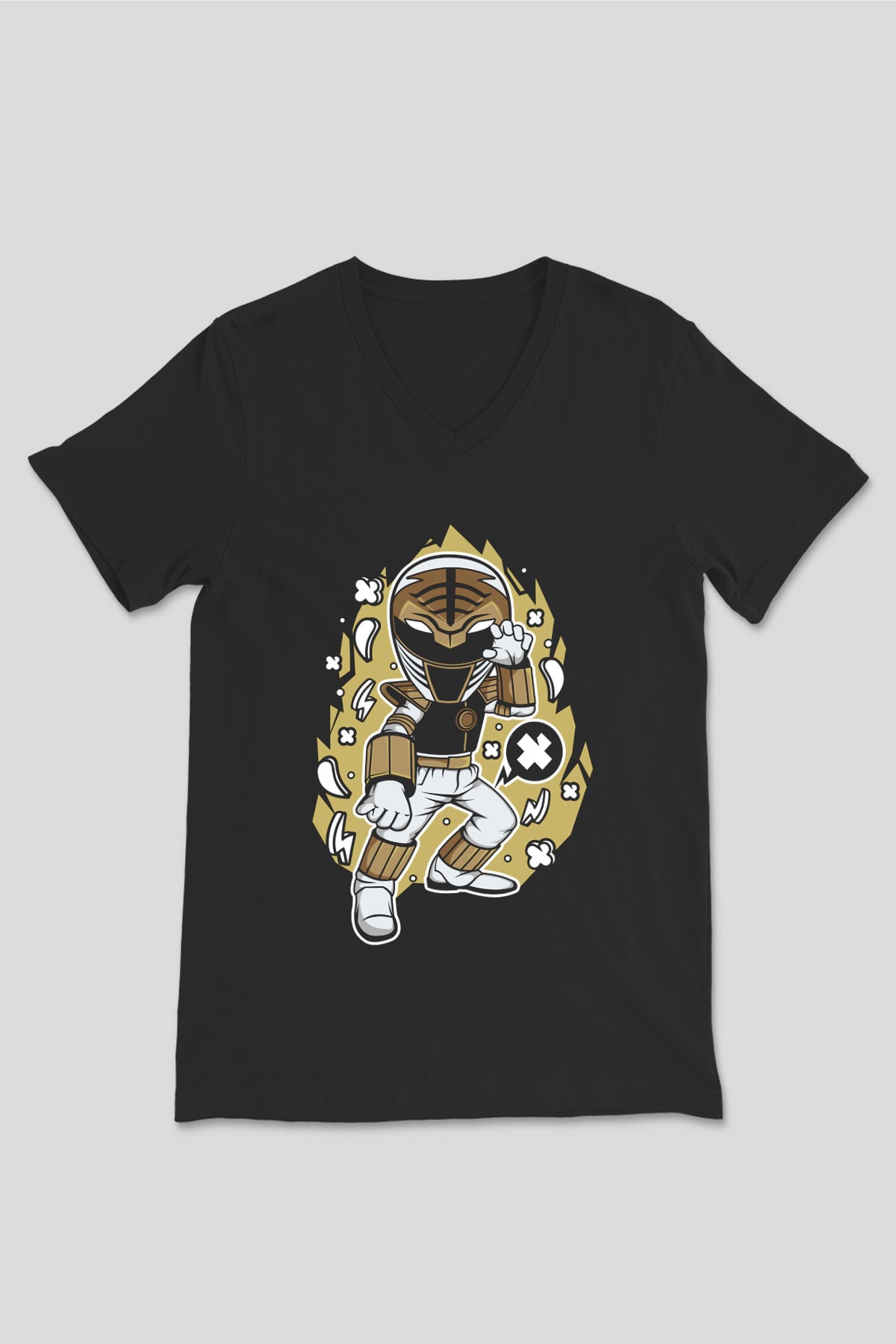 Power Ranger Baskılı Siyah Unisex V Yaka Tişört